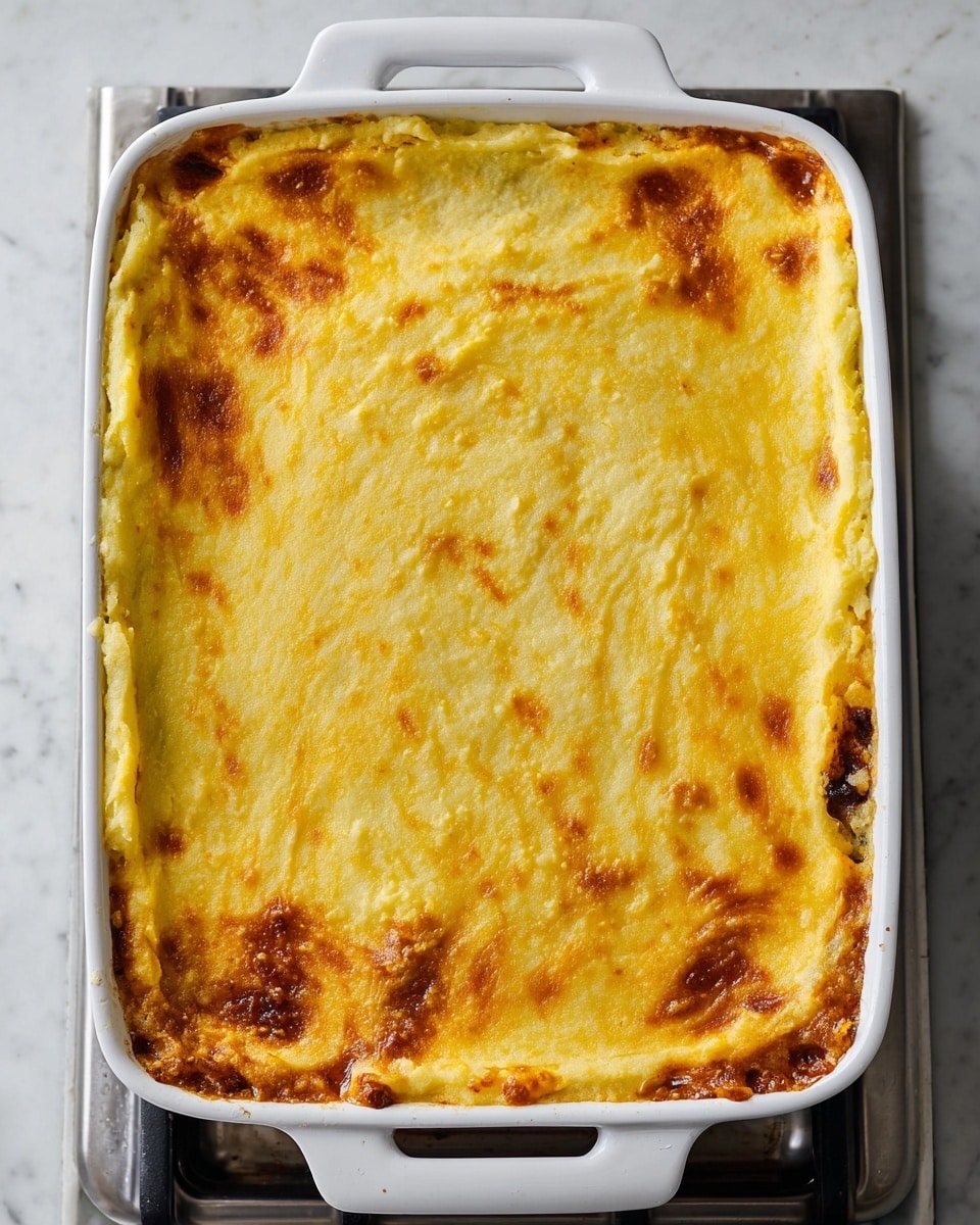 A rectangular white baking dish filled with a golden yellow baked casserole with a smooth top layer that has slight bubbling and browning around the edges. The surface is even, lightly cracked in places, and shows a soft, creamy texture. The dish is placed on a stainless steel stovetop with black burners and silver control knobs visible around it. photo taken with an iphone --ar 4:5 --v 7