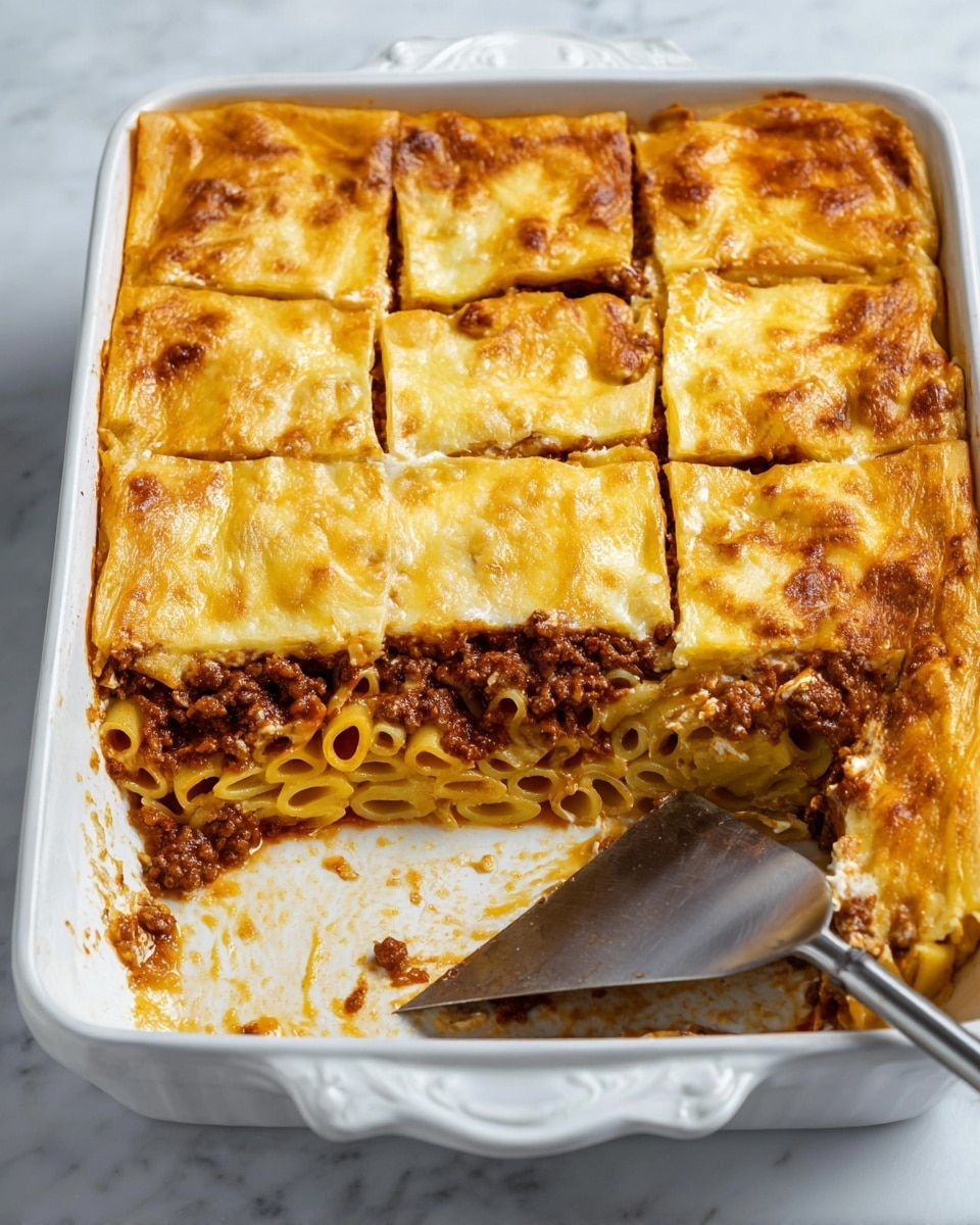 A white rectangular baking dish holds a layered pasta casserole with a golden-brown top crust divided into six squares. The top layer is smooth and lightly browned, covering a thick, deep brown meat sauce layer underneath. Below the meat is a dense layer of tubular pasta with a light golden color, mixed with a creamy white sauce that peeks through the pasta. A metal spatula with holes lies partly under the cut section, resting inside the dish. The dish sits on a white marbled surface with a white and green striped cloth nearby. Photo taken with an iphone --ar 4:5 --v 7