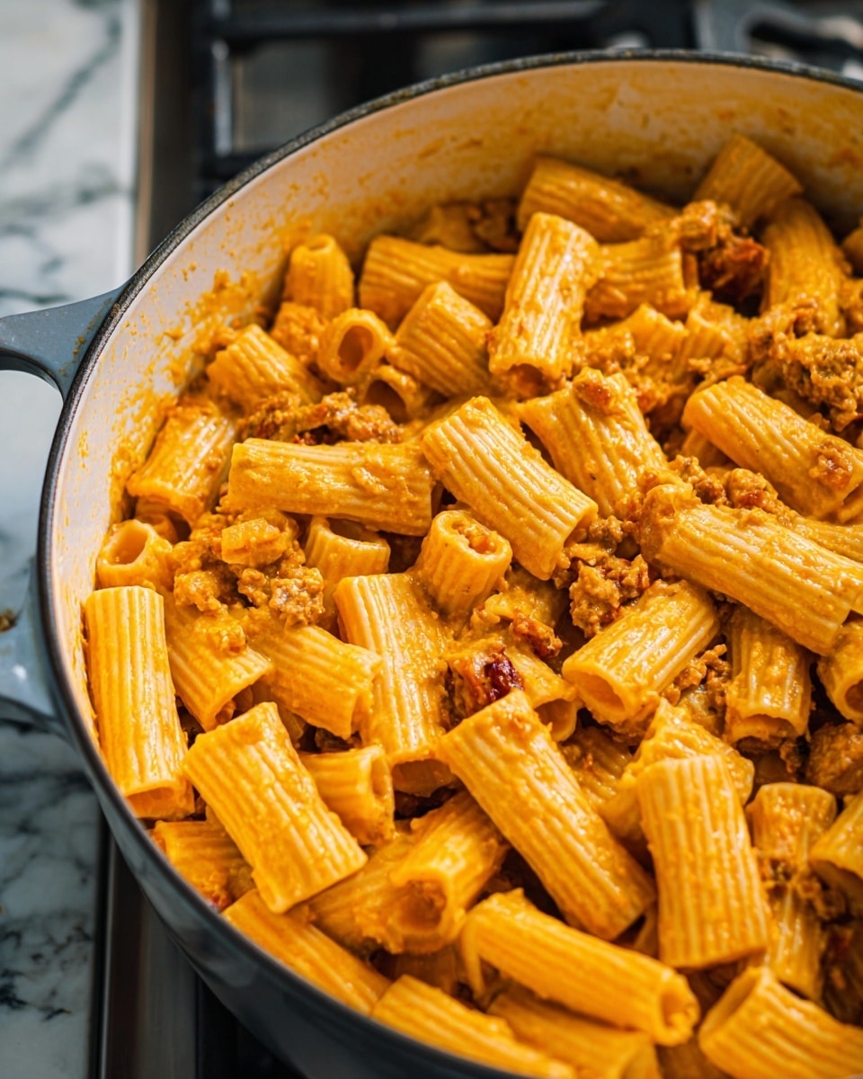 The image shows a white pot filled with rigatoni pasta coated in a thick, creamy orange sauce with visible bits of herbs and small pieces of vegetables or meat mixed throughout. The pasta tubes are tightly packed and appear soft with a slightly textured surface from the sauce. The pot sits on a stove with a white marbled surface around it. The sauce covers each piece of rigatoni evenly, giving a rich and hearty look to the dish. photo taken with an iphone --ar 4:5 --v 7