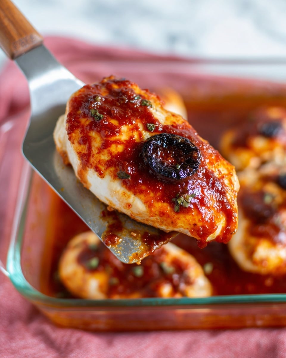 A close-up view of a cooked solo chicken breast piece held on a metal spatula with a wooden handle, showing a thick red sauce spread unevenly over the top, with a dark, slightly charred small round topping in the middle layer. The chicken is light golden brown with white visible under the sauce, and it sits above a glass baking dish holding similar chicken pieces in the background, filled with a red-brown sauce. The dish rests on a pink cloth surface, but the background is changed to a white marbled texture. The photo has a sharp focus on the single chicken piece with soft blur in the background. photo taken with an iphone --ar 4:5 --v 7