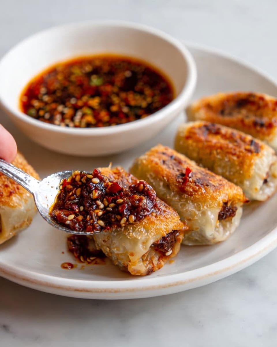 The image shows a close-up of a white plate with four fried dumplings that have a golden brown crispy skin. A silver spoon is lifting one dumpling, covered in a thick dark red sauce with visible sesame seeds and small chili pieces. The dumplings appear soft inside with a slightly browned outer layer. In the background, there is a white bowl filled with more of the dark red, oily chili sauce, resting on a white marbled surface. A woman's hand is lightly holding the spoon, ready to serve. photo taken with an iphone --ar 4:5 --v 7