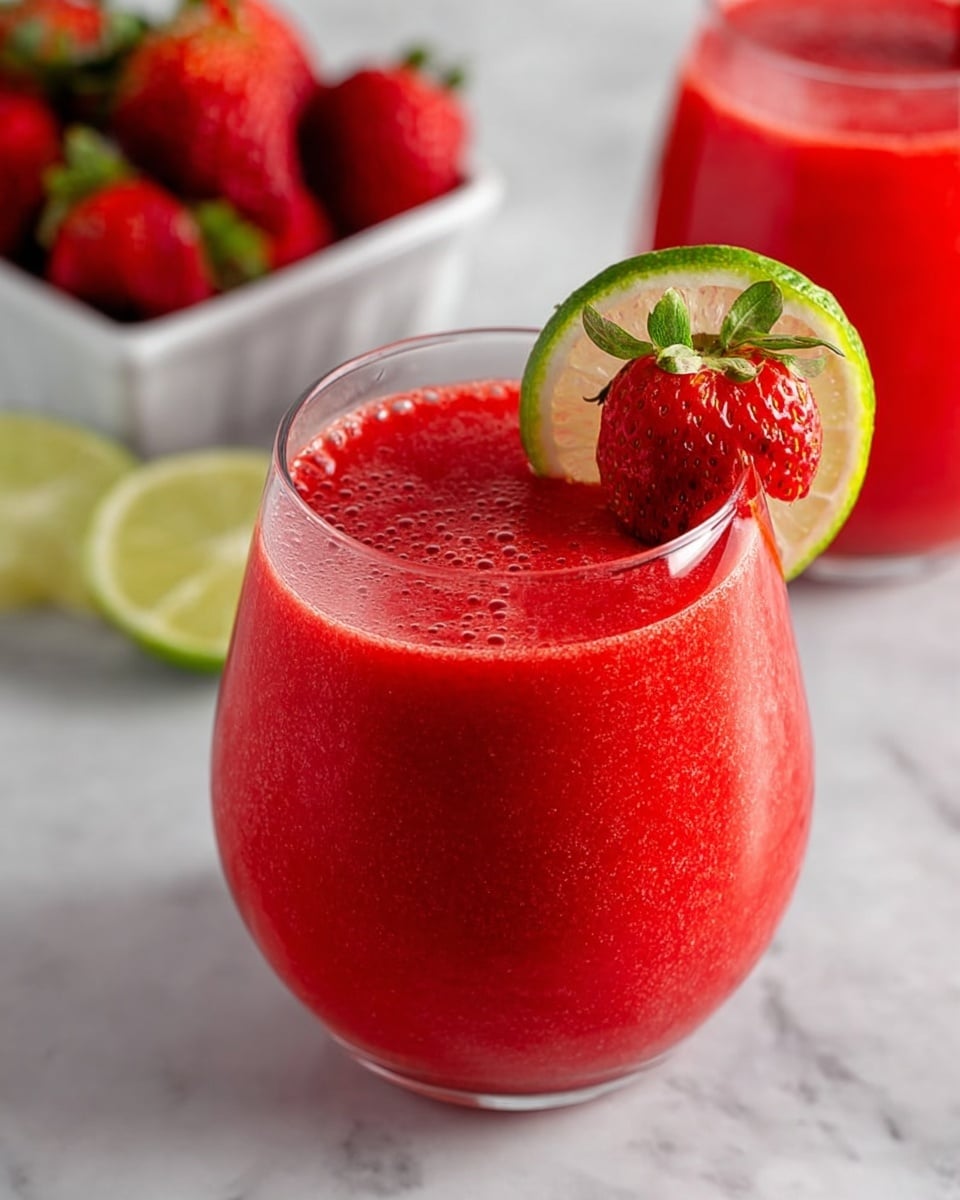 The image shows a clear, curved glass with a stem, filled with a smooth, bright red strawberry drink. The drink looks thick and fresh, filling the glass almost to the top. A fresh red strawberry and a slice of light green lime rest on the rim of the glass on the right side. The glass is placed on a small, white, hexagonal marble coaster on a white marbled surface. Behind this glass, there is a similar glass filled with the same red drink and also garnished with a strawberry and lime slice. To the right, there is a small white basket filled with fresh red strawberries. A few slices of lime and strawberries are scattered around the surface. The lighting is bright and natural, highlighting the fresh colors of the drink and fruits. photo taken with an iphone --ar 4:5 --v 6.1