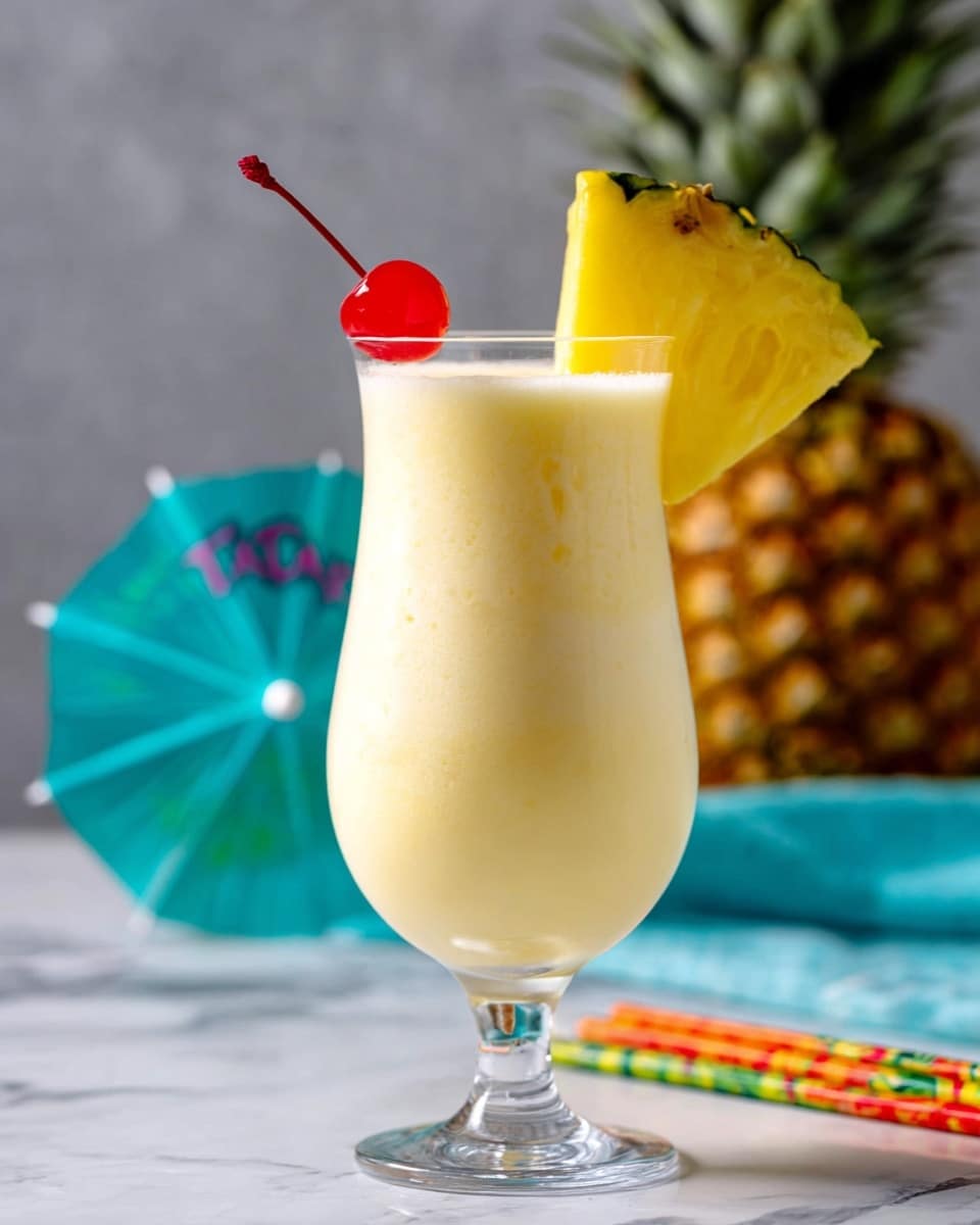 A tall rounded glass filled with a creamy pale yellow drink that looks smooth and cold, topped with a bright red cherry inside and a fresh pineapple slice with green edges resting on the glass rim, alongside a colorful pink straw with yellow floral designs, all set on a white marbled surface with a blurred pineapple in the background photo taken with an iphone --ar 4:5 --v 6.1