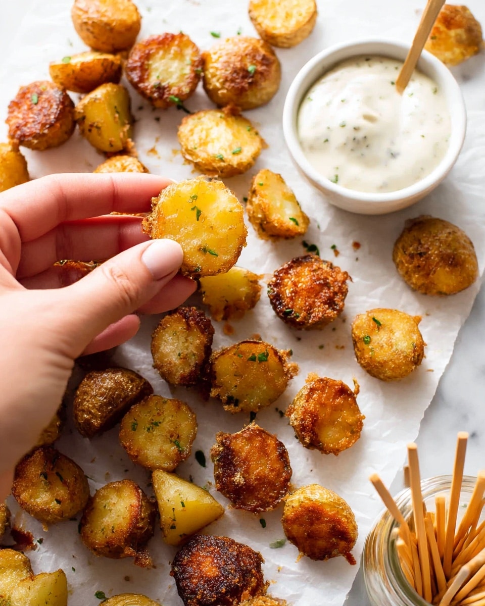 The image shows many small, round, golden-brown potatoes that are crisp on the outside with some green herb bits sprinkled on top. The potatoes are cut in half, showing a soft inside and a crunchy, textured outside. They are spread out on white parchment paper over a white marbled surface. On the right side, there is a white small bowl filled with a white creamy dip. A woman's hand is holding one potato on a small wooden stick dipped into the sauce. There is also a clear glass jar filled with similar small wooden sticks in the bottom right corner. photo taken with an iphone --ar 4:5 --v 6.1