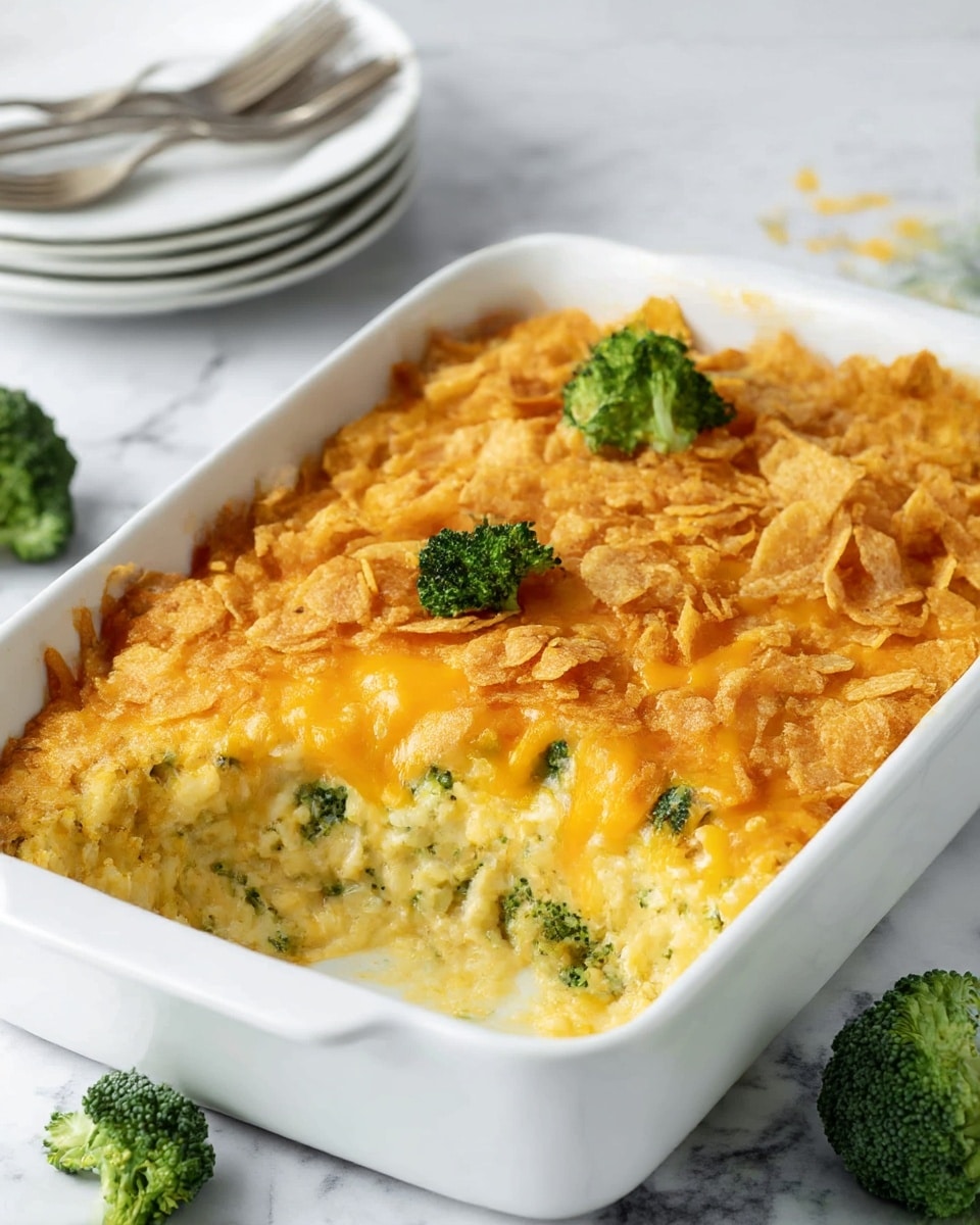 A white rectangular ceramic baking dish filled with a cheesy rice and broccoli casserole, showing a golden orange crispy top layer textured with melted cheese. A woman's hand holds a spoon above the dish, scooping a portion that reveals layers of creamy white rice mixed with green broccoli florets underneath the cheesy surface. The background is a white marbled texture with a blurred salt and pepper shaker, clear glasses filled with ice water, and a small broccoli floret on the surface nearby. photo taken with an iphone --ar 4:5 --v 6.1