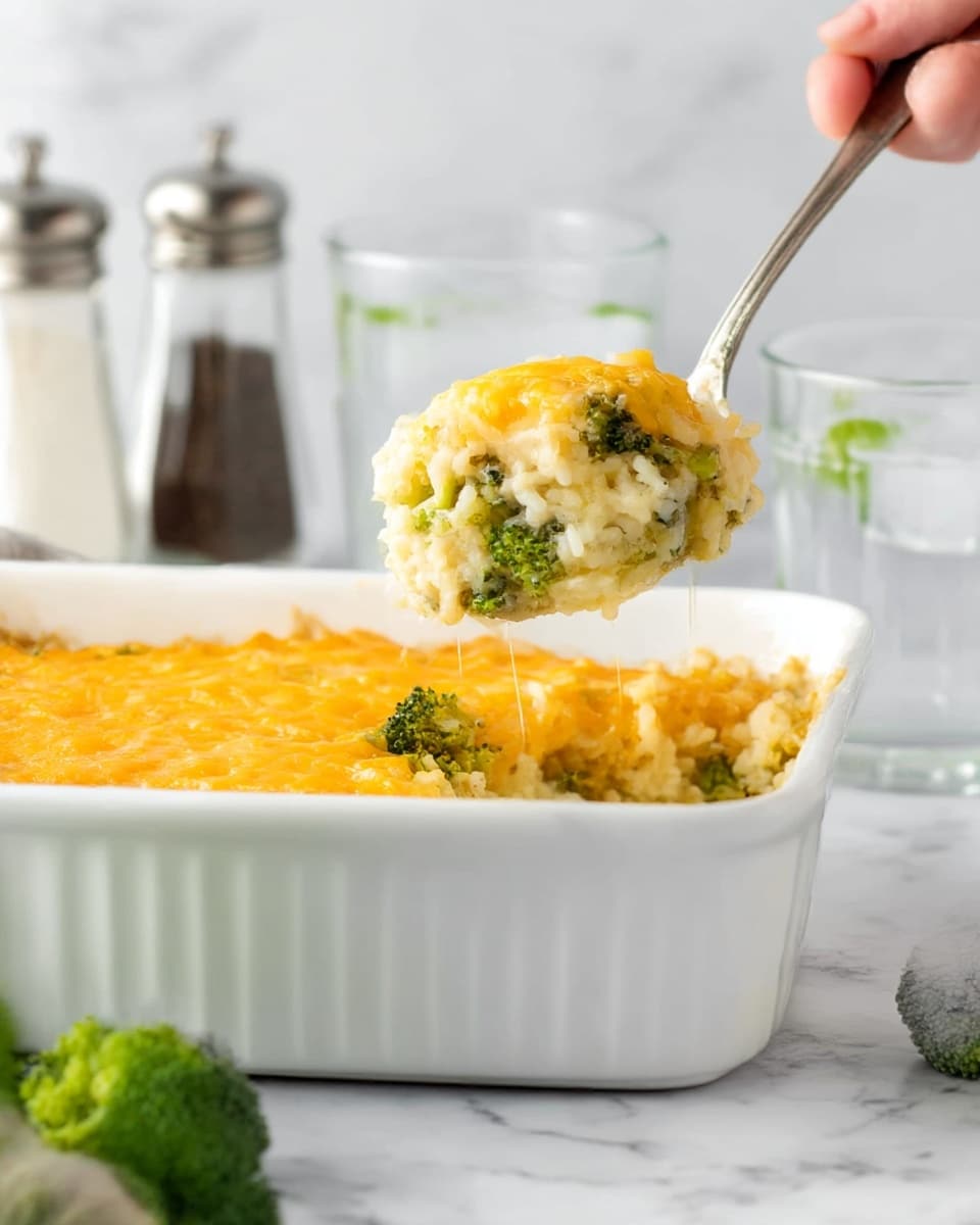 This image shows a white rectangular baking dish filled with a baked casserole. The top layer is golden yellow with melted cheese and a crunchy layer of crushed chips that add a rough texture. Just below the crispy top, you can see melted bright orange cheese spreading unevenly. The inside layers reveal a creamy mixture with visible green broccoli florets scattered throughout, blending smoothly with soft, pale rice. Some broccoli pieces sit on top near the edges. The dish rests on a white marbled surface with extra broccoli pieces and a stack of white plates with silver forks in the background. Photo taken with an iphone --ar 4:5 --v 6.1