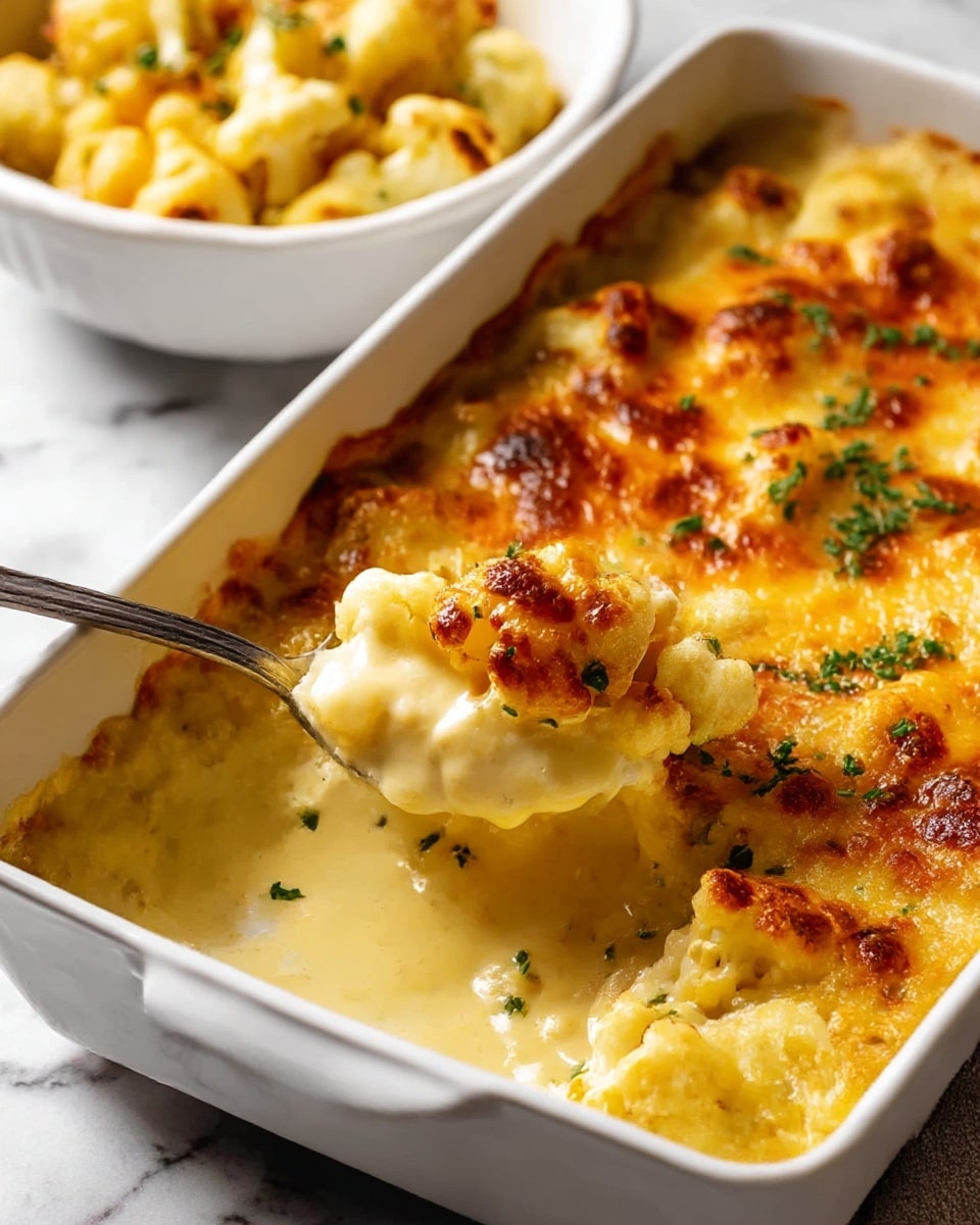 The dish shows a white rectangular baking dish filled with a three-layer cauliflower cheese bake. The bottom layer is soft cooked cauliflower pieces, the middle layer is creamy pale yellow cheese sauce that looks smooth, and the top layer is golden-brown melted cheese with slightly darker toasted spots and small green herb bits scattered over it. A spoon is scooping up some cauliflower from the dish, showing the soft texture and creamy sauce underneath. In the background, there is a white bowl also filled with some of the casserole on a white marbled surface. photo taken with an iphone --ar 4:5 --v 6.1