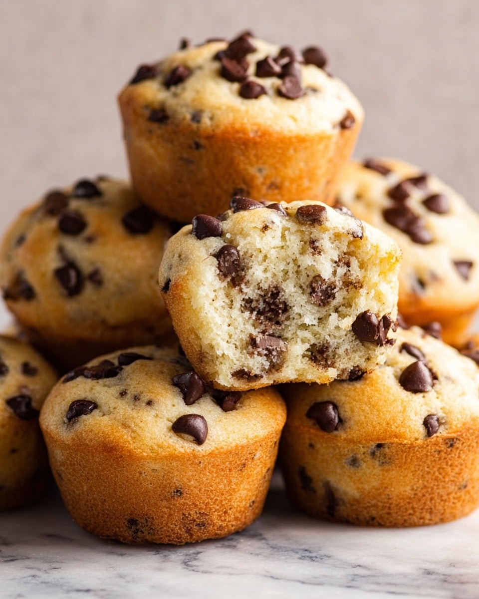 Three chocolate chip muffins are stacked on a white marbled surface, with the top one bitten into showing a soft, light inside speckled with chocolate chips. Each muffin has a golden brown bottom and a pale yellow top dotted with dark chocolate chips. The background is softly blurred, showing more muffins and scattered chocolate chips, with a faint glimpse of a white bowl filled with chocolate chips and a yellow banana. Photo taken with an iphone --ar 4:5 --v 6.1