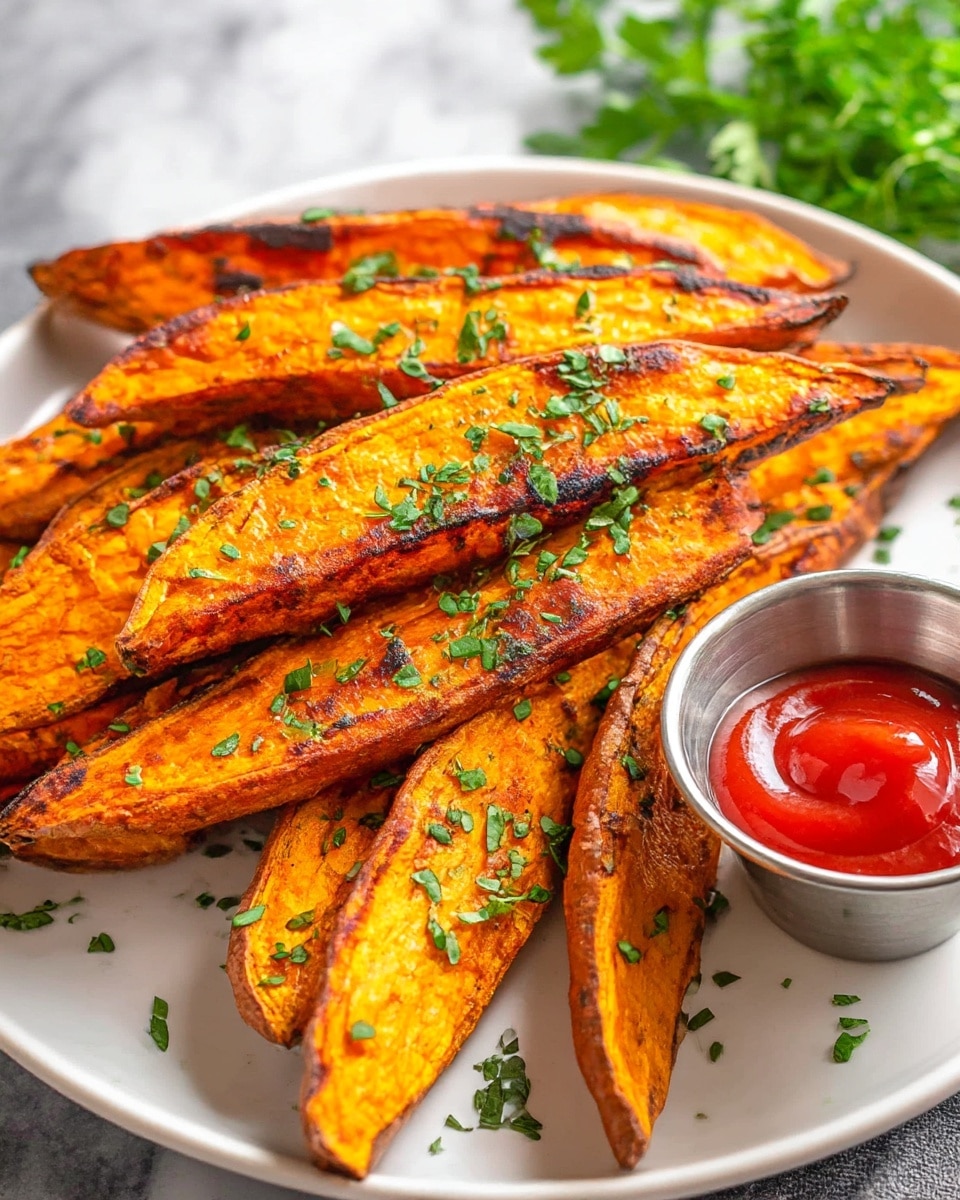 A white plate holds a stack of seven thick, orange sweet potato wedges with a slightly crisp brown edge and sprinkled with small green herb pieces. To the right of the wedges, there is a small silver cup filled with smooth, shiny red ketchup. Green leafy herbs rest behind the plate, all set on a white marbled surface. photo taken with an iphone --ar 4:5 --v 6.1