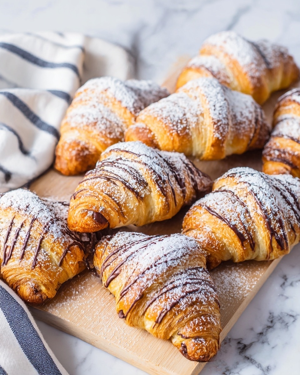 The image shows a group of seven golden brown croissants arranged on a light wooden board placed on a white marbled surface. Each croissant has a soft, flaky texture with visible layers and is topped with a generous dusting of white powdered sugar and thin, dark chocolate drizzle lines creating a striped pattern. The croissants are slightly overlapping, and some chocolate filling can be seen peeking out from the ends. Part of a white cloth with navy blue stripes is visible on the left side, adding a cozy touch. Photo taken with an iphone --ar 4:5 --v 6.1
