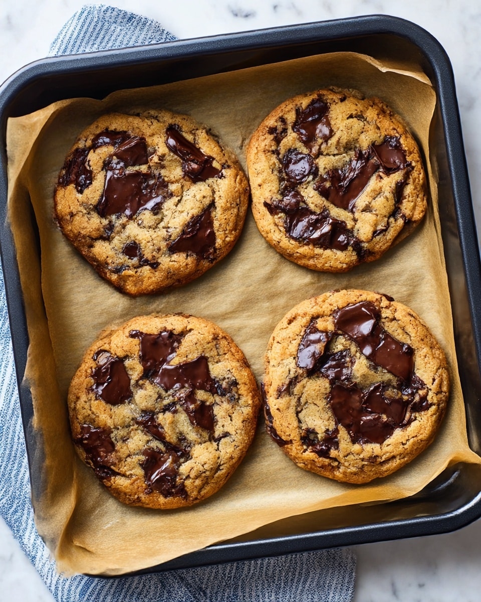 Four large, round chocolate chip cookies with irregular shapes sit on a sheet of tan parchment paper inside a black baking tray. Each cookie has a thick, golden-brown dough layer with dark brown, glossy melted chocolate chunks scattered unevenly on top and embedded within. The cookies look soft and slightly cracked on the surface, showing a warm, freshly baked texture. The tray is set on a white marbled texture surface, and a corner of a blue and white striped cloth is visible at the edge. Photo taken with an iphone --ar 4:5 --v 6.1