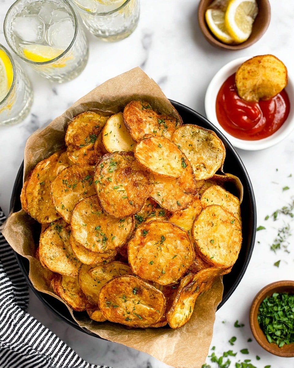 A black bowl lined with black and white patterned paper holds a pile of crispy, golden brown potato chips sprinkled lightly with green herbs. Around the bowl on the white marbled surface, there are a few loose chips, a small brown bowl filled with chopped green herbs, and two glasses of ice water each with a lemon wedge inside. A black and white checkered cloth holds red and yellow squeeze bottles nearby. The scene is bright and clean, showing a fresh and tasty snack. photo taken with an iphone --ar 4:5 --v 6.1