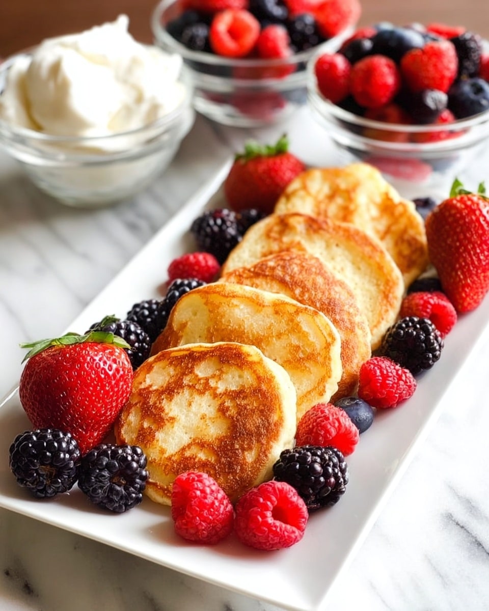 The image shows four golden brown fluffy pancakes stacked in a row on a white rectangular plate, surrounded by bright red strawberries, dark blackberries, and red raspberries scattered around the pancakes. In the background, there are clear glass bowls filled with more berries and white cream, all placed on a white marbled surface. The colors are vibrant, with the warm tones of the pancakes contrasting with the fresh berries. Photo taken with an iphone --ar 4:5 --v 7