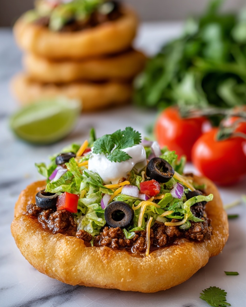 A white round fried dough base holds a layer of brown cooked ground beef topped with dark green chopped lettuce. Above this are scattered black olive slices, small red tomato pieces, finely chopped purple onion, and shredded light yellow cheese. On top sits a dollop of white sour cream and some green cilantro leaves. To the side, a wedge of lime and a bunch of red tomatoes on green stems sit on a white marbled surface. In the background, a stack of more fried dough pieces is visible in a blurred view. Photo taken with an iphone --ar 4:5 --v 7