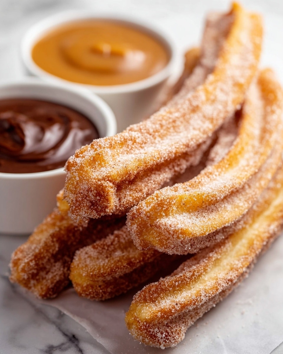 Several ridged, golden-brown churros coated with sugar are placed on a white marbled surface. In the center are two small white bowls, one filled with smooth, light brown caramel sauce and the other with thick, dark chocolate sauce. The churros have a crispy, textured surface with some slightly curved shapes, framing the bowls of sauce. The overall look is warm and inviting, with soft lighting highlighting the sugar crystals on the churros photo taken with an iphone --ar 4:5 --v 7