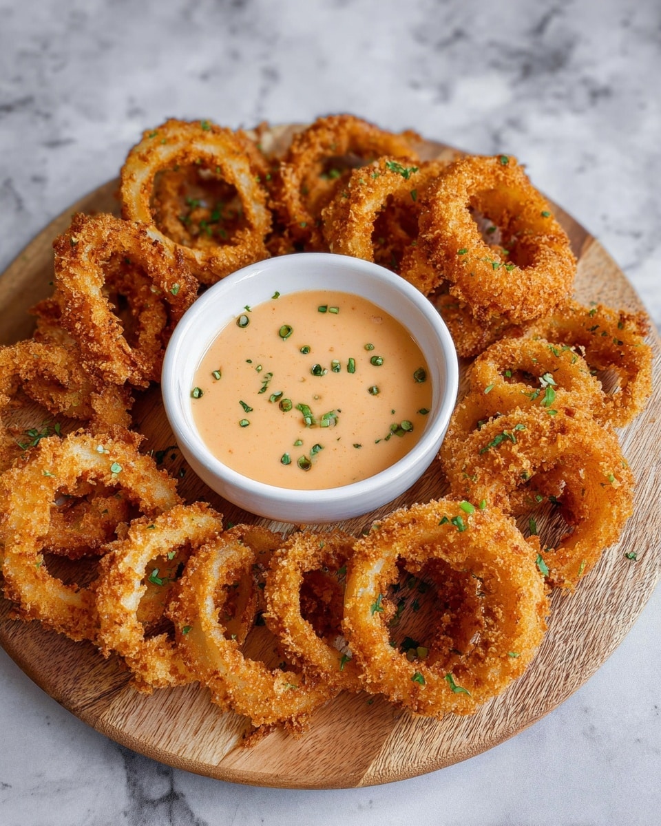A round wooden board holds a ring of golden-brown crispy onion rings with a crunchy texture, evenly spaced around a small white bowl filled with a creamy, light orange dipping sauce garnished with small green herb bits. The onion rings are sprinkled with fresh chopped green herbs, adding a touch of color. The board is placed on a white marbled surface. photo taken with an iphone --ar 4:5 --v 7