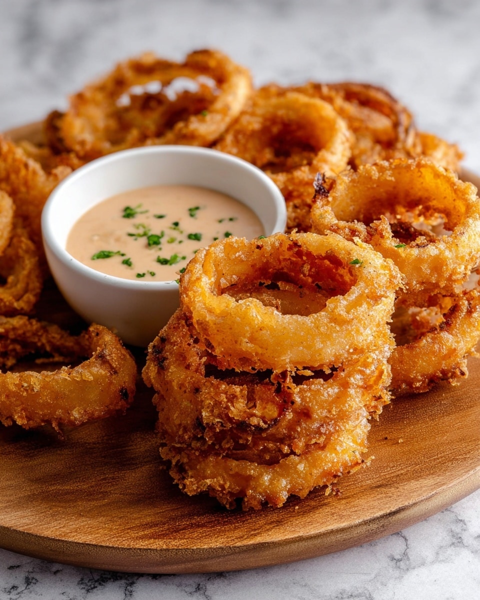 A close-up of golden brown onion rings with a crispy texture arranged around a white bowl filled with a creamy, light orange dipping sauce sprinkled with green herbs. A woman's hand with dark nail polish is holding one onion ring halfway dipped into the sauce, showing the thick layer of sauce coating the bottom half. The onion rings display slight flakes and crunchy details in their batter. The background is a white marbled surface. photo taken with an iphone --ar 4:5 --v 7