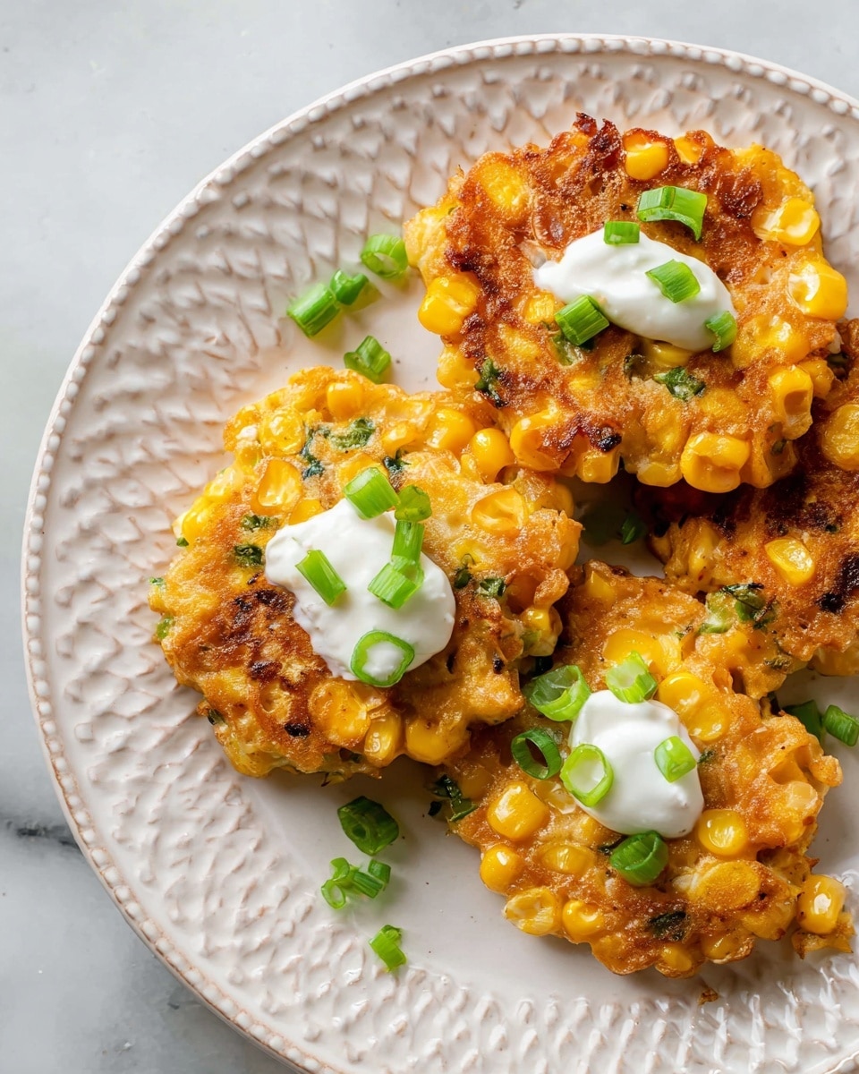 The image shows several golden-brown corn fritters on a large white speckled plate, placed on a white marbled surface. Each fritter is thick and round, with a textured surface marked by roasted corn kernels that create a bright yellow and slightly darkened orange pattern. Small bits of green onions are scattered on top and inside the fritters, adding green color contrast. The fritters have a crispy, slightly uneven edge that reveals the soft, cooked filling inside. The overall color palette is warm with yellows, oranges, and greens photo taken with an iphone --ar 4:5 --v 7