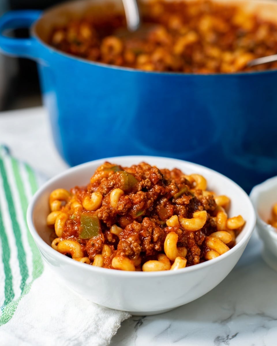 A white bowl filled with a single layer of elbow pasta mixed with a thick, rich red-brown tomato sauce containing small pieces of ground meat and green vegetables, all coated evenly with the sauce. The bowl sits on a white marbled surface next to a folded white and green striped cloth, with a dark blue pot filled with the same dish visible in the background, along with several stacked white bowls. Photo taken with an iphone --ar 4:5 --v 7