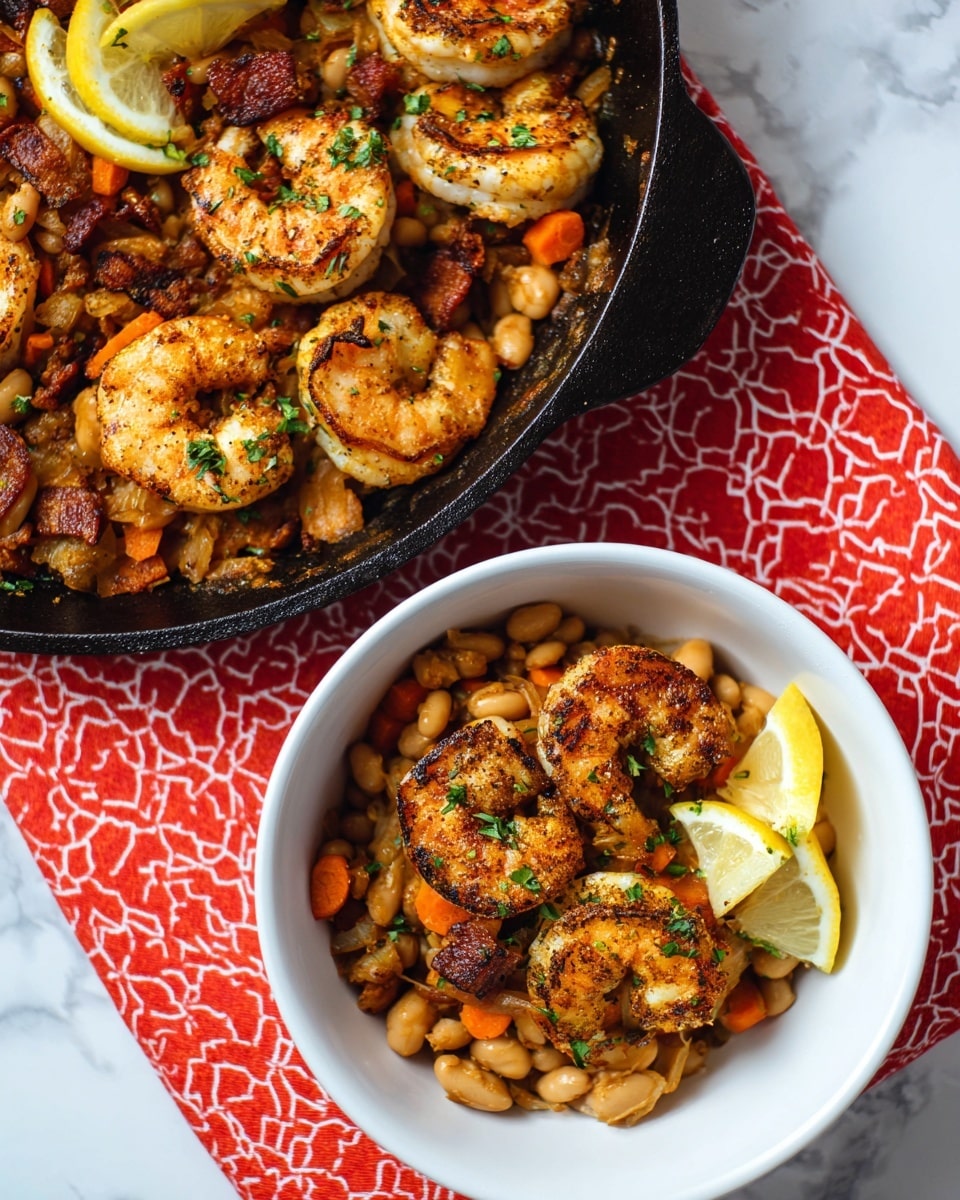 The image shows a dish with two main parts: a white bowl filled with cooked white beans mixed with small orange carrot slices, bits of browned bacon, and topped with four large, dark golden-brown seasoned shrimp sprinkled with green herbs; below the bowl, there is a black cast iron skillet containing the same mix of white beans, carrots, bacon pieces, and seven large shrimp, all browned and seasoned, with some lemon wedges on top, all placed on a white marbled surface with a red cloth that has a white geometric pattern underneath. photo taken with an iphone --ar 4:5 --v 7