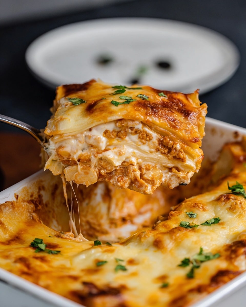 A close-up of a slice of lasagna being lifted with a fork from a white baking dish with a dark green rim, showing multiple layers of creamy white sauce, light orange cheesy mixture, and soft pasta sheets with a lightly browned top layer. The lasagna slice is topped with small green chopped herbs, and the background surface is a white marbled texture. Photo taken with an iphone --ar 4:5 --v 7
