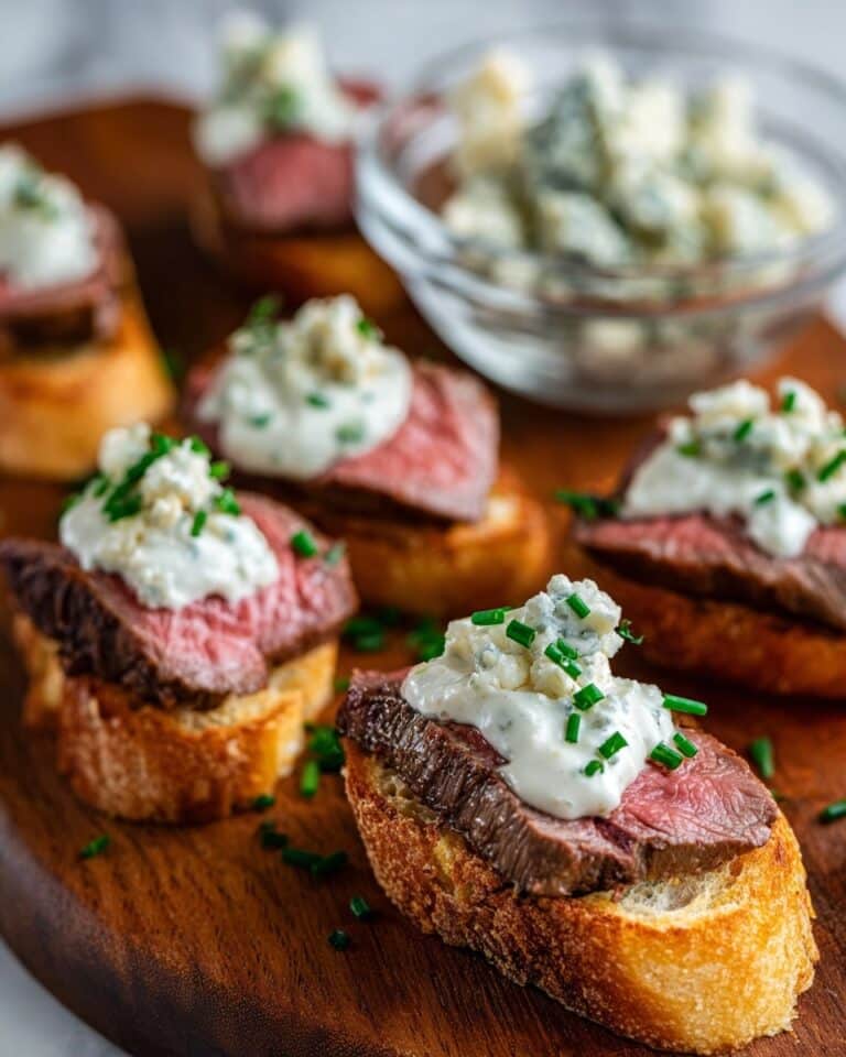 Sizzle Toasts with Blue Cheese, Steak, and Horseradish Sauce Recipe