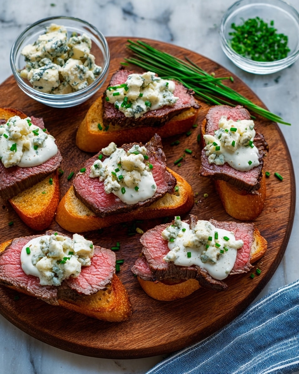 Six slices of toasted bread with a golden-brown crust form the base, arranged on a round wooden board. Each toast holds a thick, juicy piece of medium-rare beef, showing a pink inside and a browned outside. On top of the beef is a dollop of creamy white sauce, which is sprinkled with small crumbles of blue cheese and finely chopped green chives. There is a small glass bowl of additional blue cheese crumbles on the side, and fresh green chive sprigs lie beside the board. The whole scene is set on a white marbled surface with a blue and white striped towel partially visible. Photo taken with an iphone --ar 4:5 --v 7