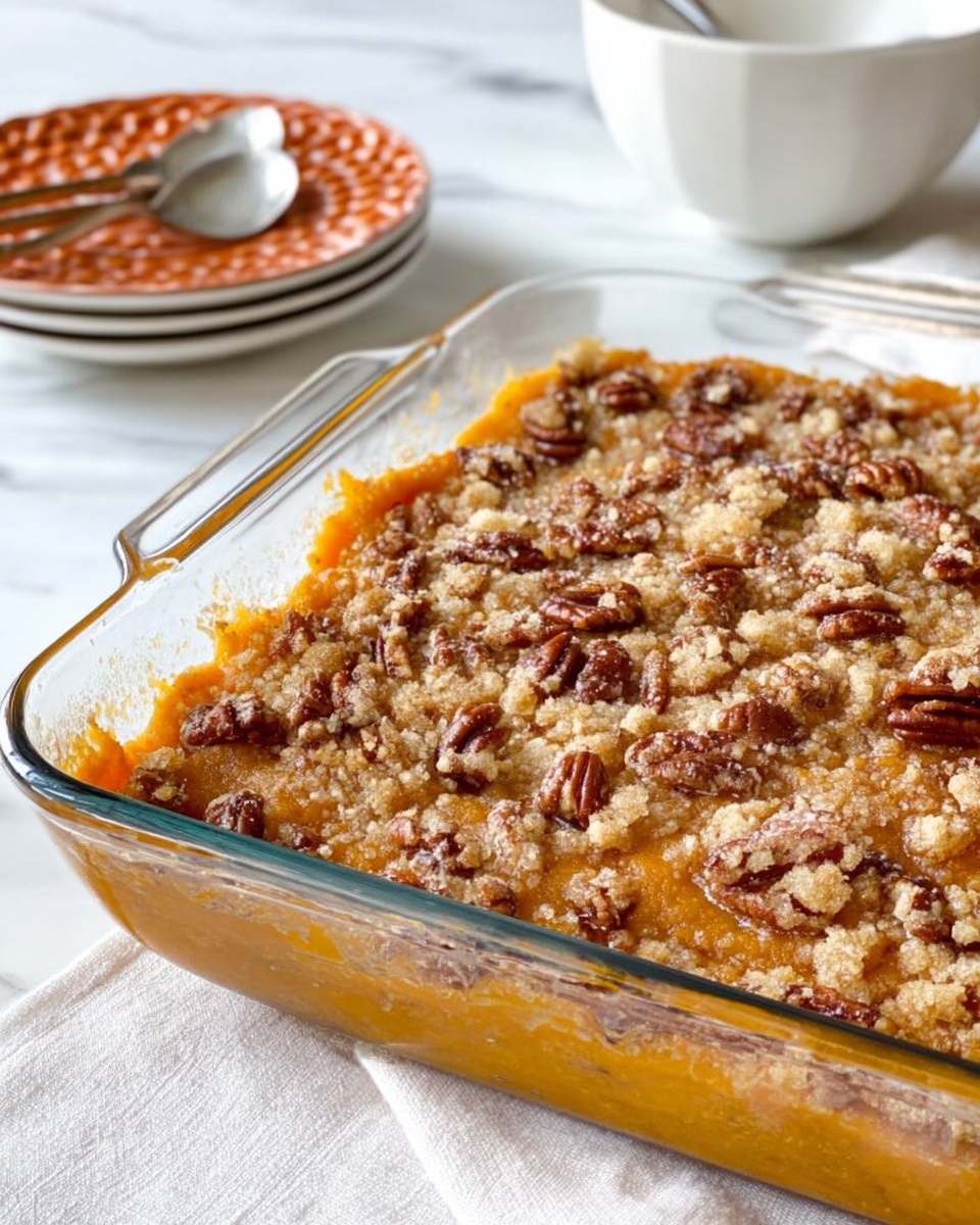 The image shows a square clear glass baking dish filled with a golden brown dessert topping that looks crumbly and crunchy, covered with scattered pieces of chopped pecans. The topping has an uneven texture with some small peaks and clusters, showing an inviting baked surface. In the background, there is an empty white plate with a fork and a knife resting on it, placed on a white marbled surface with a white bowl nearby. The scene is well-lit with natural light. photo taken with an iphone --ar 4:5 --v 7