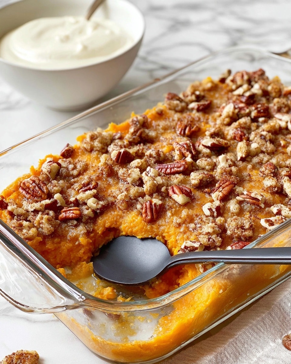 The dish shows a glass baking dish filled with a layered casserole. The bottom layer is a smooth orange base of cooked sweet potatoes. On top, there is a rough crumbly layer made of golden brown streusel mixed with chopped pecans scattered all over. A black serving spoon is scooping into the dish from the right side. In the background, there is a white bowl filled with a dollop of thick white cream or sour cream resting on a white marbled surface. The colors are warm with a mix of orange, brown, and cream tones, and the textures contrast between smooth and crumbly. Photo taken with an iphone --ar 4:5 --v 7