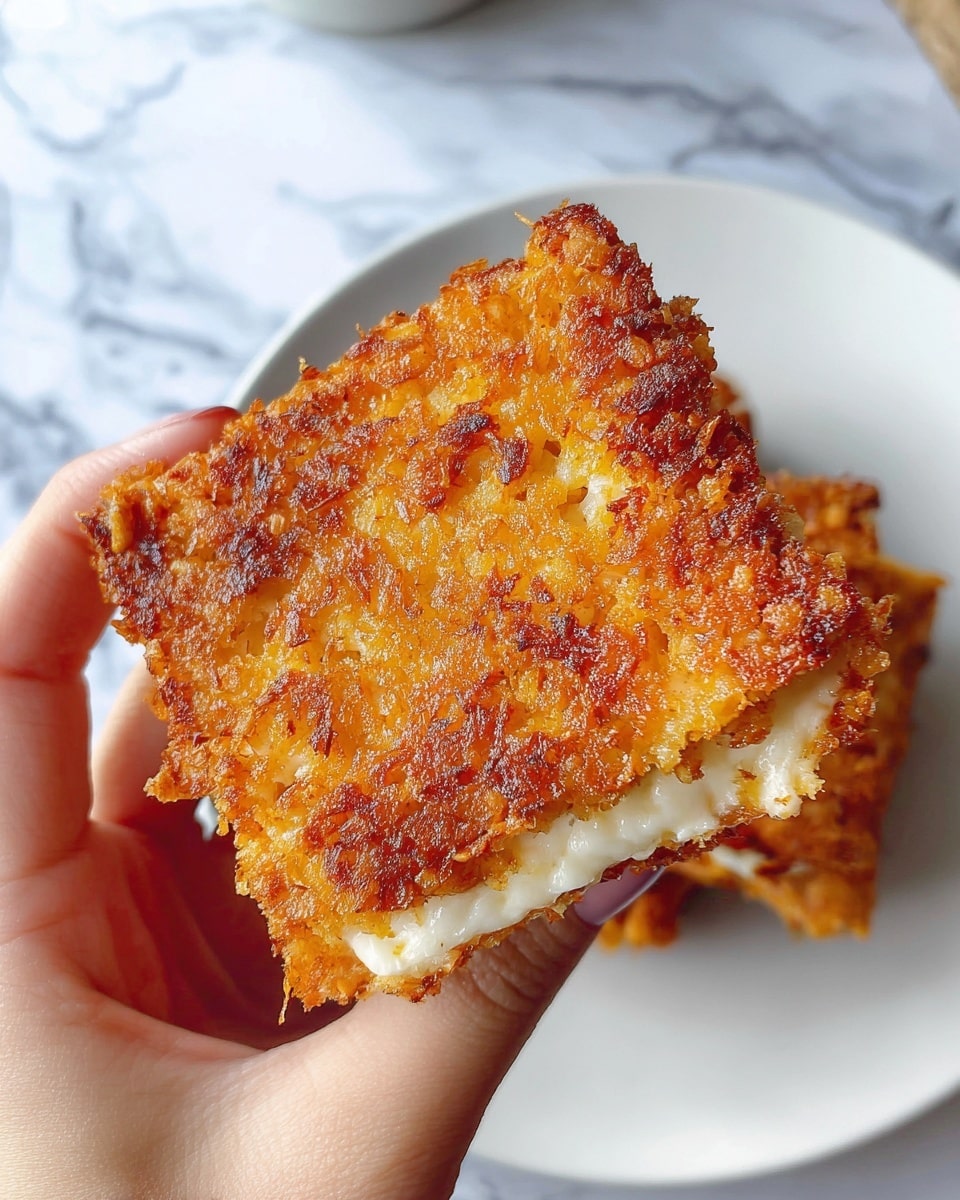 A crispy golden brown square sandwich with a rough crunchy texture on the outside is held by a woman's hand from the bottom and side. Inside, you can see a thick layer of smooth, creamy white filling slightly peeking out from the edges. The sandwich is in front of a white marbled surface with a blurred white plate in the background. photo taken with an iphone --ar 4:5 --v 7