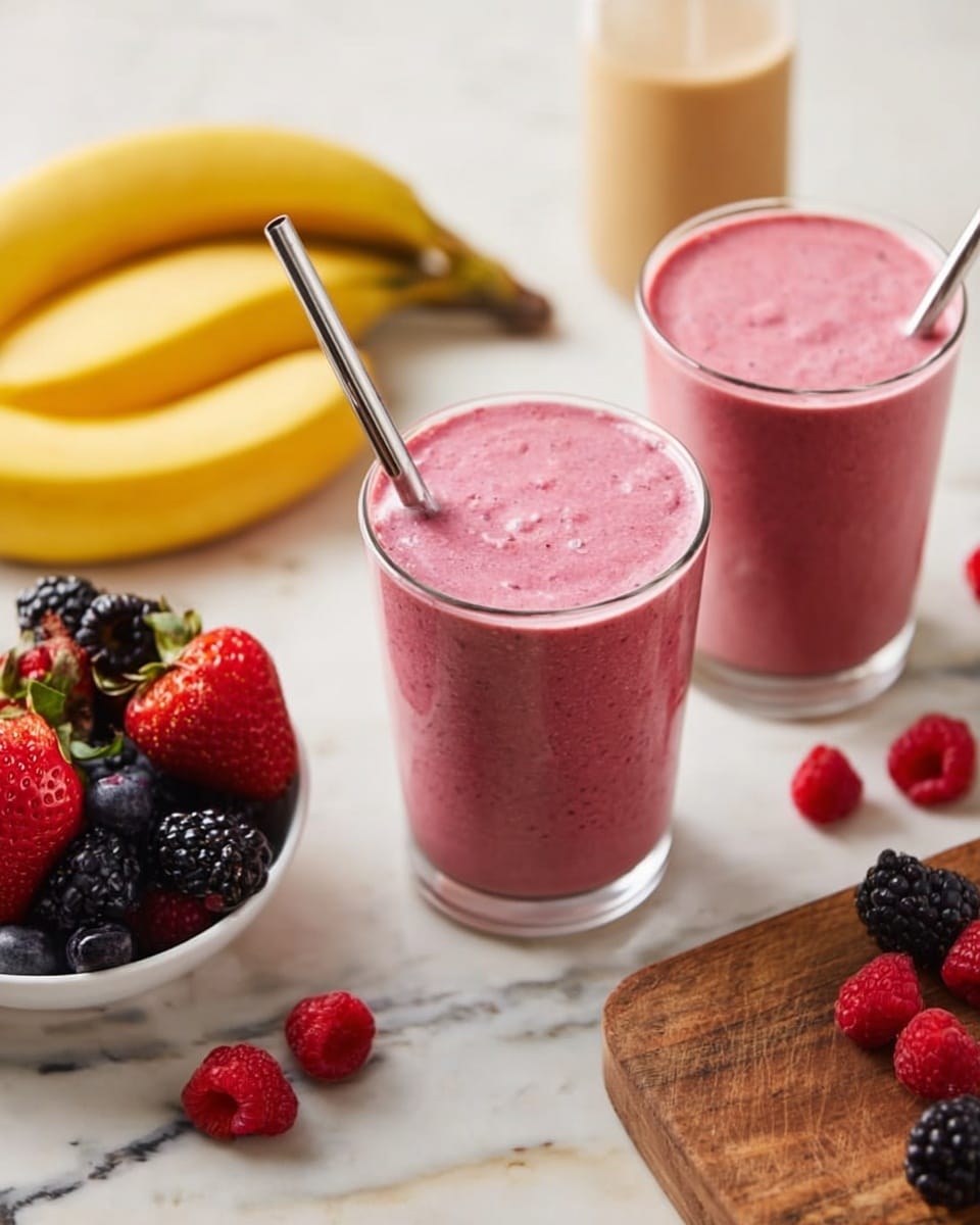 Two clear glasses filled with thick pink smoothie layers are on a white marbled surface. Each glass shows a smooth texture of blended berries and bananas, with one having a silver straw inside. Nearby, a white bowl holds a mix of bright red strawberries, deep black blackberries, and red raspberries, with a few raspberries scattered on the wooden board and white marble surface. Two yellow bananas lie at the top left, and a clear glass bottle with light brown liquid sits at the top center. A woman's hand is just visible holding one of the glasses. Photo taken with an iphone --ar 4:5 --v 7