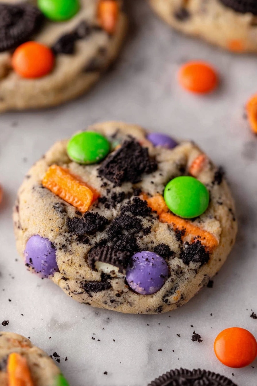 Halloween Oreo M&M’s Cookies, Halloween cookie recipes, festive chocolate cookies, easy Halloween treats, colorful holiday cookies - A single round cookie with a light beige base, mixed with small black cookie crumbs throughout. The cookie is topped with colorful candy pieces in bright orange, green, and purple, some embedded and some resting on top. There are visible chunks of dark chocolate cookie pieces with orange filling, scattered on the surface of the cookie. The background is a white marbled texture with more cookies and some orange candy pieces slightly blurred in the back. Photo taken with an iphone --ar 2:3 --v 7