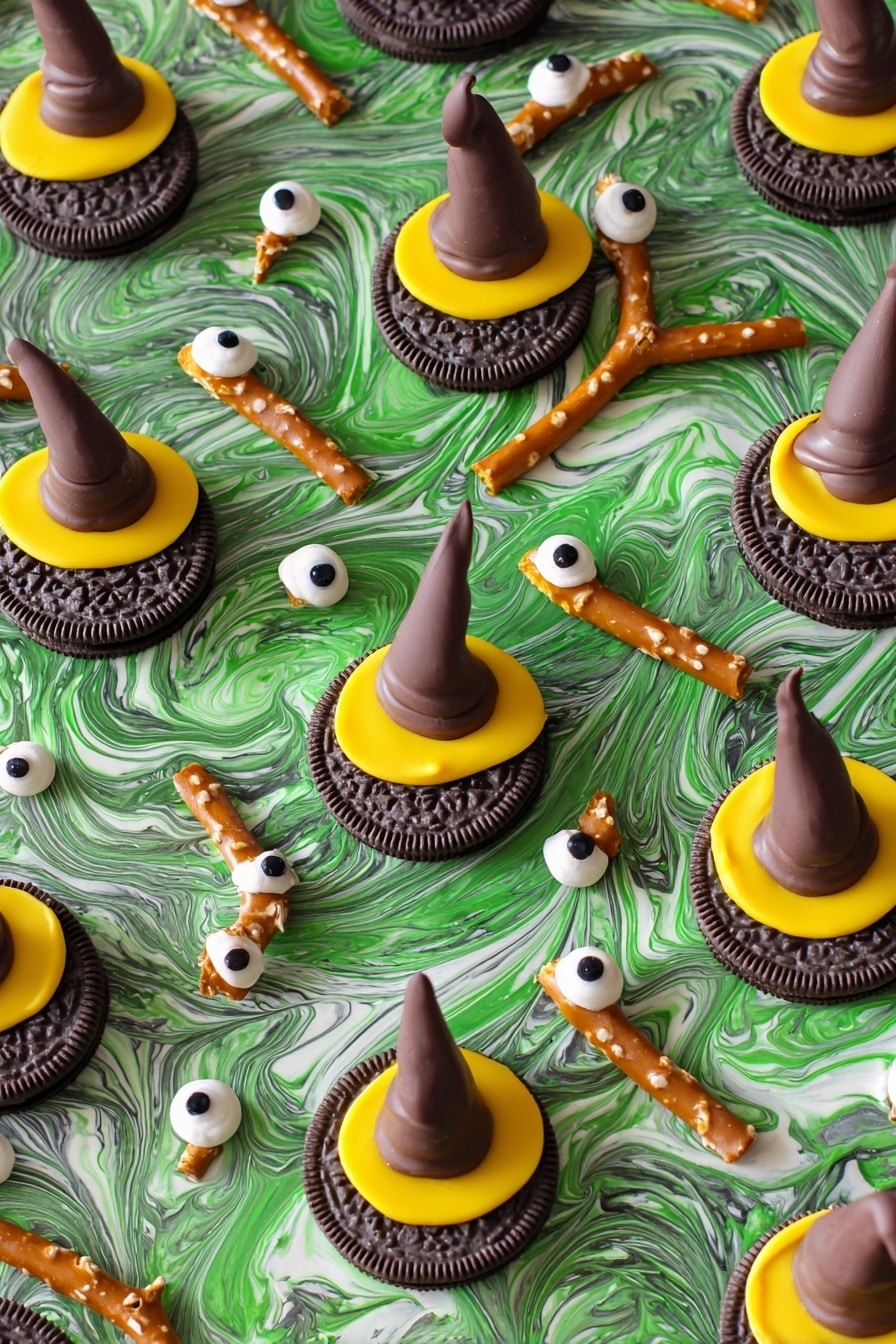 Melted Witch Halloween Bark, Halloween candy bark, spooky Halloween treats, witch-themed Halloween dessert, easy Halloween party snacks - The image shows a white marbled surface covered with a swirl of melted chocolate and green colored chocolate, creating a marbled textured base. On top, there are several Oreo cookies each topped with a pointed chocolate candy cone, forming witch hat shapes. Bright yellow icing rings the base of each cone on the Oreo. Scattered around are pretzel sticks dipped in chocolate on one end and decorated with slivered almonds to look like broomsticks. Tiny candy eyes are spread evenly over the chocolate base, adding a playful touch. The overall look is colorful and festive with clear layers and textures. photo taken with an iphone --ar 2:3 --v 7