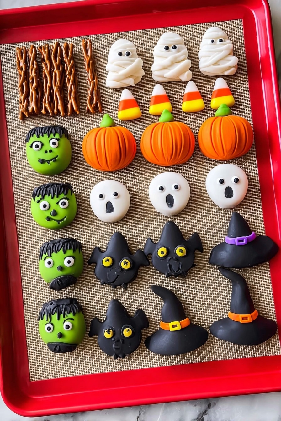 Halloween Pretzels with Fondant Decorations, festive Halloween treat ideas, easy Halloween snack recipes, chocolate pretzel Halloween decorations, spooky fondant desserts - A red baking tray with a white marbled background holds an assortment of small Halloween-themed candies arranged in rows on a beige baking mat. There are four green Frankenstein faces with black hair, big white and black eyes, and black stitched mouths placed in the bottom left corner. To the right, two black bats with yellow eyes and spread wings sit flat. Above them are three orange pumpkins with green stems and ridges, followed by three white ghosts with simple black eyes and round mouths. Two black witch hats with purple bands sit among the candies. At the top, four candy corn pieces in white, orange, and yellow stand upright in a row. There are also two white mummies with small black eyes, one near the top left and one on the right. On the far left, rows of brown pretzel sticks are visible. photo taken with an iphone --ar 2:3 --v 7