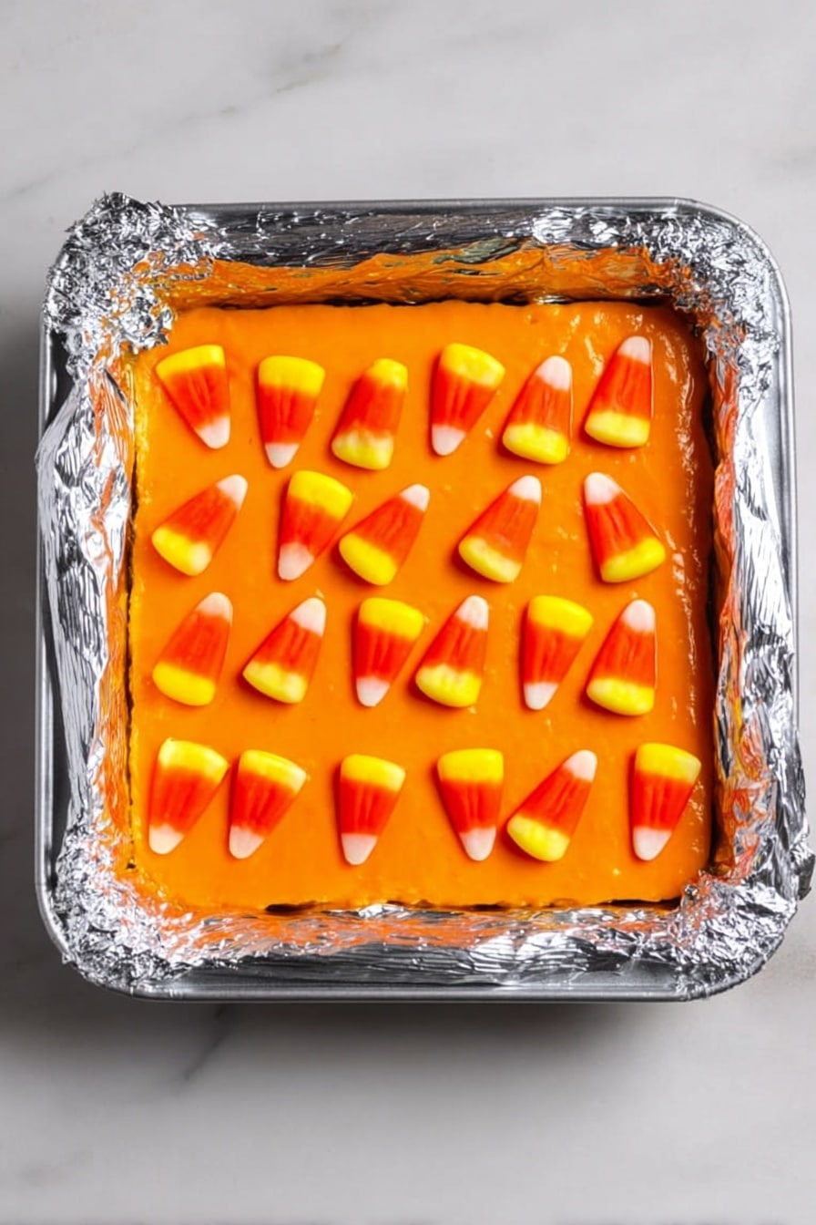 Halloween Fudge, Halloween Fudge Recipe, festive fudge treats, easy Halloween desserts, no-bake Halloween fudge - A square dessert with three layers is shown in a white marbled background. The bottom layer is a darker orange base, with a thicker, bright orange middle layer filling the entire square, smooth and even on top. On the very top layer, there are small candy corn pieces placed evenly in rows, with their white, orange, and yellow colors standing out against the bright orange surface. The dessert sits inside a square baking dish lined with silver foil that wraps over the edges of the dish. Photo taken with an iphone --ar 2:3 --v 7