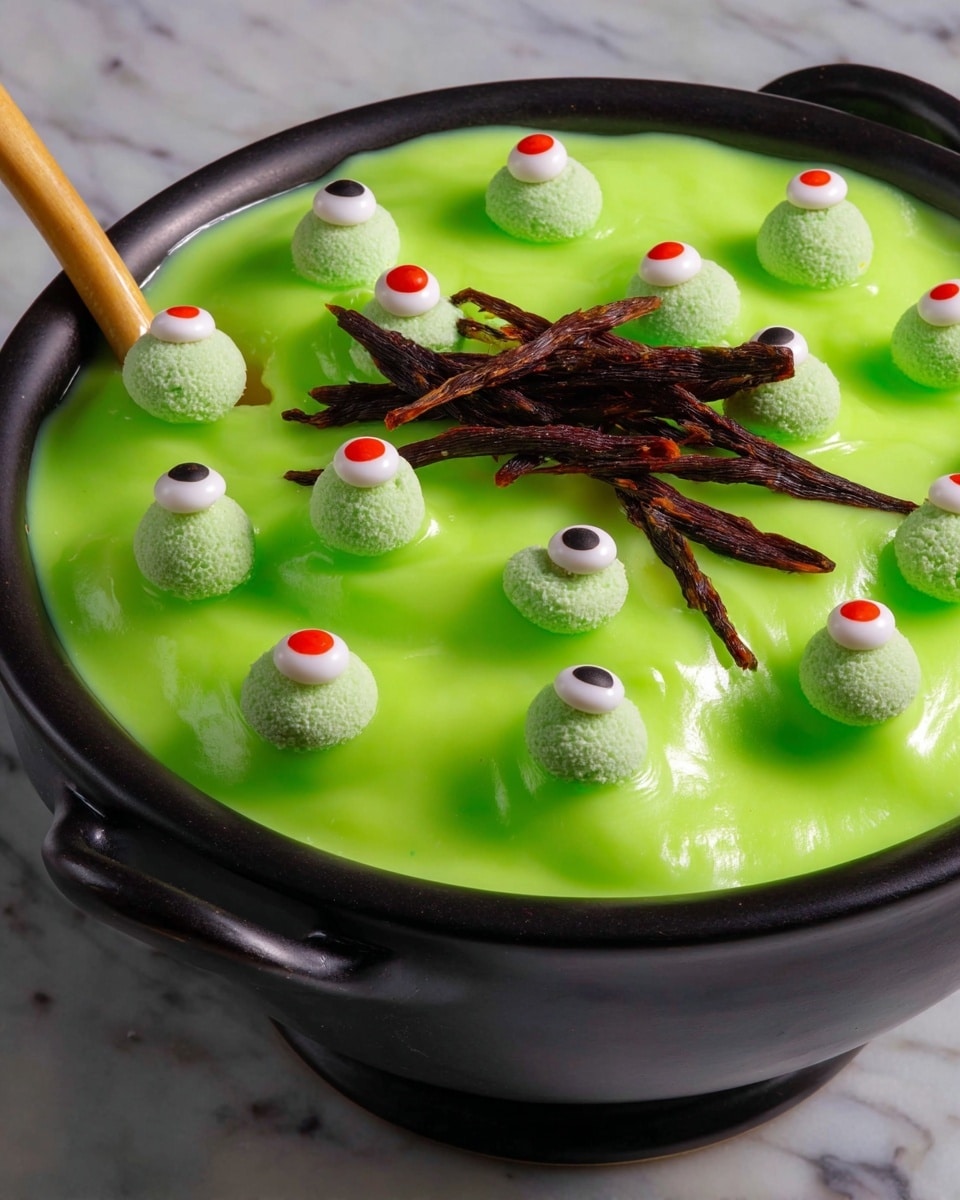 Witches Brew Halloween Trifle, Halloween dessert ideas, spooky trifle recipes, Halloween party desserts, creepy Halloween treats - In a black round bowl with a handle, there is a thick, shiny bright green layer of creamy pudding that fills the bowl fully, topped with evenly spaced light green round candies and small fake eyeball candies with white, black, and red details scattered on the surface. Near the bottom center, there is a small pile of long, shiny, dark orange licorice strands placed on the green pudding. A wooden spoon with a pale handle is partly dipped into the pudding on the left side. The bowl is set on a white marbled surface. Photo taken with an iphone --ar 2:3 --v 7