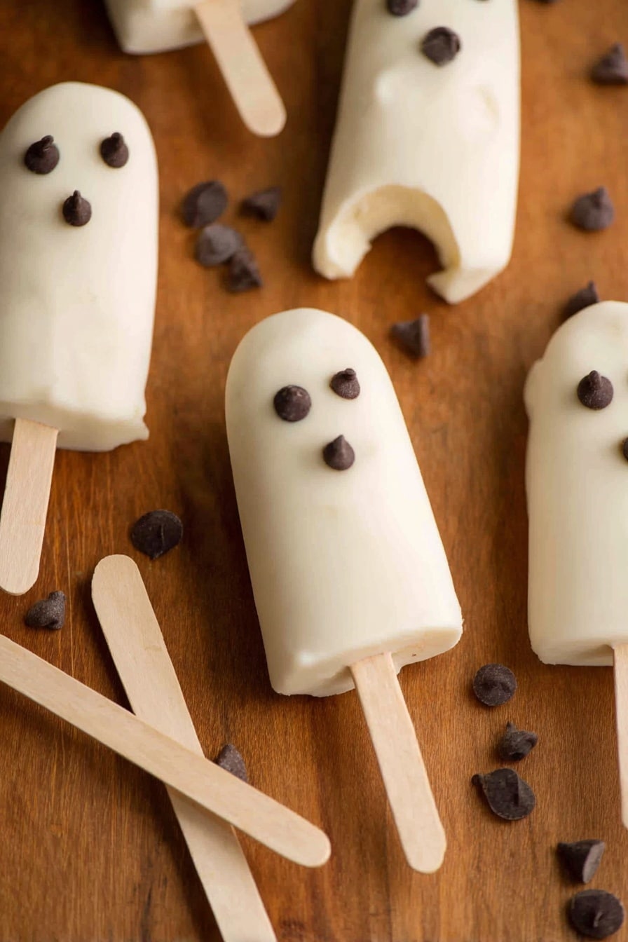 Boonanas – A Frozen Banana Ghost Halloween Treat, Halloween ghost snacks, healthy Halloween treats, fun kid-friendly Halloween desserts, frozen banana ghosts - The image shows several popsicles with a smooth white coating shaped like ghosts, each having three small dark chocolate chips arranged as eyes and a mouth on the top layer. There is one popsicle with a bite taken out of the top, revealing a lighter inside layer under the white coating. All popsicles have light wooden sticks attached to their base. Some loose chocolate chips are scattered around the popsicles on a wooden surface that has a warm brown color with visible grain texture. Two light wooden popsicle sticks lay next to the popsicles in the lower left area of the image. The overall look is soft and creamy with a playful ghost design. Photo taken with an iphone --ar 2:3 --v 7