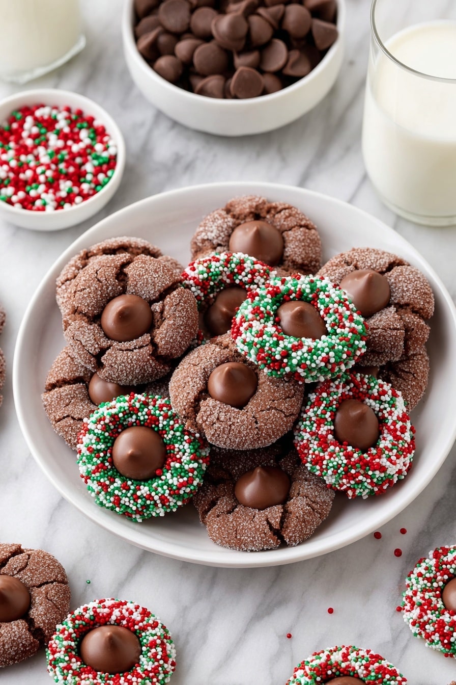 Chocolate Kiss Cookies, easy chocolate cookies, soft chewy cookies, chocolate dessert recipes, melt-in-your-mouth cookies - The image shows a close-up of chocolate cookies with a round shape and a crinkly texture covered in sugar. Each cookie has one chocolate candy placed in the middle, which is smooth and glossy with a small point on top. One cookie stands out with colorful red, green, and white round sprinkles covering the outer edge, creating a bright and festive look. The cookies are stacked closely together, filling the frame. photo taken with an iphone --ar 2:3 --v 7