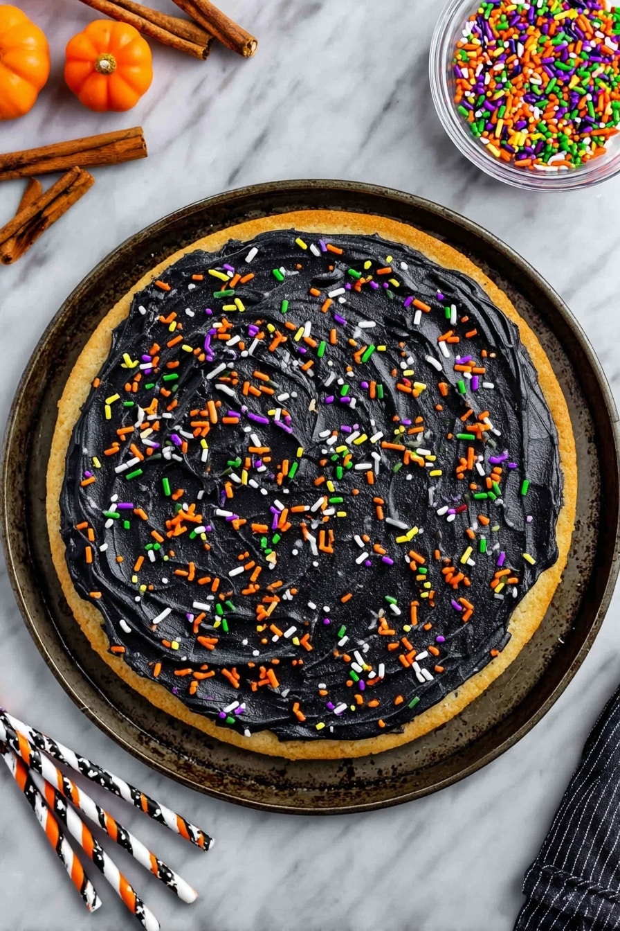 Halloween Pumpkin Spice Cookie Cake, pumpkin spice cookie cake, festive Halloween cookie dessert, fall cookie cake with frosting, spooky pumpkin dessert - A round cookie base in light brown color forms the bottom layer, topped with a thick spread of black frosting that has a smooth, slightly shiny texture with visible swirl marks. Colorful sprinkles in orange, green, purple, and white are scattered evenly over the black frosting layer. The cookie sits on a dark metal round tray, placed on a white marbled surface. On the top right, there is a clear glass bowl filled with the same colorful sprinkles, and on the top left, there are two cinnamon sticks and two small orange pumpkin-shaped candies. At the bottom left, there are three paper straws with black and white stripes, orange stripes, and black dots. Photo taken with an iphone --ar 2:3 --v 7