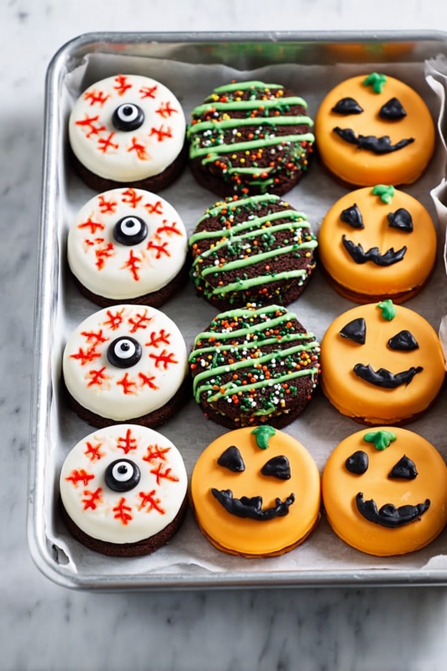 Halloween Candy Melt Oreo Chocolate Molded Treats, Halloween candy melts, Oreo dessert ideas, Halloween party treats, easy Halloween recipes - The image shows a metal tray lined with white parchment paper holding three types of round Halloween-themed cookies arranged in neat rows. The first type has a white base layer and is topped with a black and white candy eyeball in the center, decorated with red icing lines radiating outward like blood vessels. The second type has a dark brown base layer with green icing drizzled across the top and colorful sprinkles scattered over it. The third type has an orange base topped with black icing forming simple jack-o'-lantern faces, some with triangle eyes and others with round eyes and a smile. The tray rests on a white marbled background. photo taken with an iphone --ar 2:3 --v 7