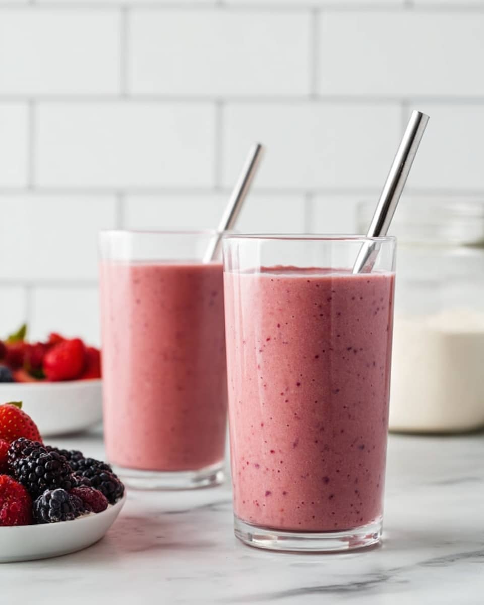 Two tall clear glasses are filled with a thick pink smoothie that has a smooth texture with tiny darker pink specks throughout. Each glass has a shiny metal straw standing inside. The glasses sit on a white marbled surface. Behind them, there is a white bowl filled with red strawberries and dark purple blackberries. Next to the bowl is a glass jar filled with a white powder. The background is a white tiled wall. Photo taken with an iphone --ar 4:5 --v 7