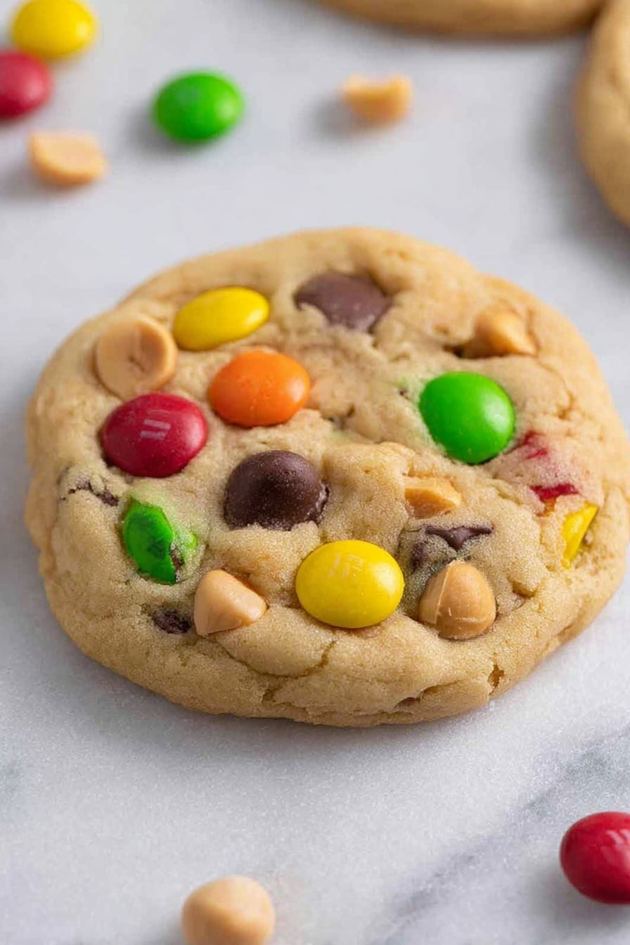Crumbl Monster Cookie, best monster cookie, chewy chocolate chip cookies, loaded cookie recipe, peanut butter M&M cookies - A light golden cookie with a soft texture is shown close up on a white marbled surface. The cookie is studded with colorful candy-coated chocolates in red, green, yellow, and orange, along with smooth, creamy peanut pieces and dark chocolate chips spread evenly throughout. The cookie has a slightly round shape with a slight uneven edge, and the top layer shows all the different candy and nut colors contrasting with the light cookie dough. Several more colorful candies are scattered loosely around the cookie on the white marbled background. photo taken with an iphone --ar 2:3 --v 7