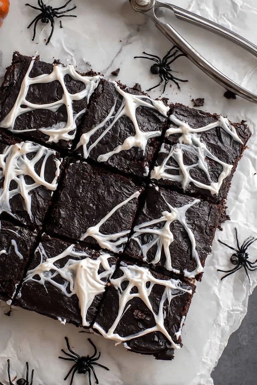 Black Cocoa Brownies with Spider Web Topping, black cocoa brownies, Halloween spider web brownies, spooky Halloween chocolate dessert, decadent chocolate Halloween treat - A square block of dark black brownies is placed on a white marbled surface, divided into 16 small square pieces. The brownies are decorated with thin, irregular white cream strands that look like spider webs spread across the top layer, creating a delicate texture. Small black plastic spiders are scattered on and around the brownies, enhancing the spooky theme. The background includes a pair of metal tongs lying diagonally above the brownies. photo taken with an iphone --ar 2:3 --v 7