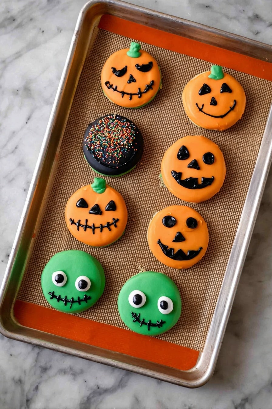 Spooky Halloween Chocolate-Covered Oreos, Halloween Oreo treats, Halloween dessert ideas, spooky cookies recipes, festive Halloween snacks - The image shows a group of small round cakes decorated for Halloween on a white marbled surface. The central cake is green with one large white eye in the middle, topped with a black pupil and a black curved line forming a smile. Around it, there are orange cakes with black jack-o'-lantern faces made from simple triangle eyes and a smiling mouth. Two white cakes with textured frosting look like wrapped mummies, each with two small black eyes. Plastic black spiders are placed near the cakes, and there are small pumpkin-shaped candies with orange bodies and green tops near the bottom right corner. Photo taken with an iphone --ar 2:3 --v 7
