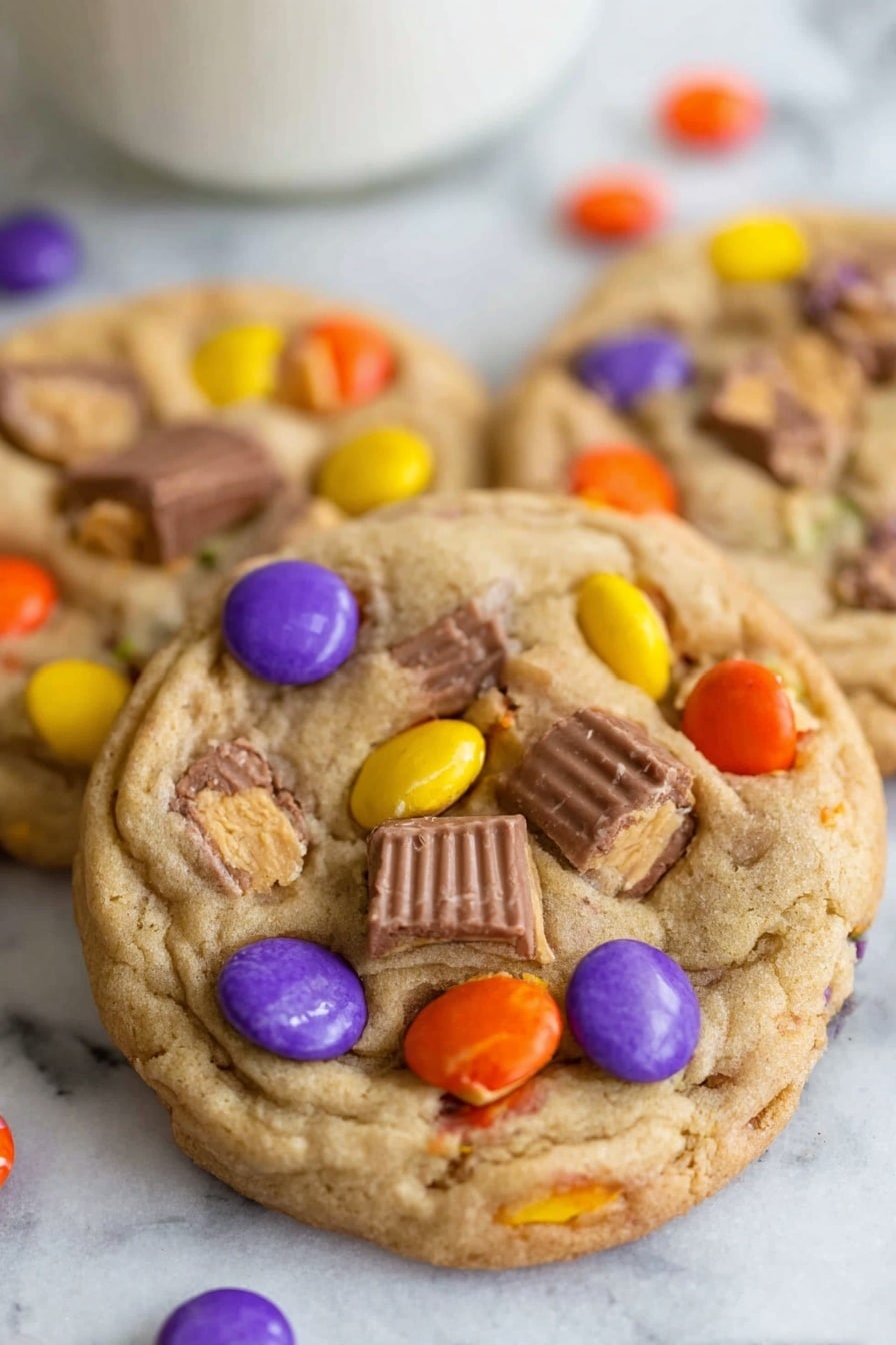 Leftover Halloween Candy Cookies, Halloween Candy Cookies, Candy Remix Cookies, Easy Halloween Cookie Recipes, Sweet Holiday Cookie Ideas - The image shows a close-up of three soft, thick cookies on a white marbled surface. Each cookie has a light golden-brown color with a slightly rough texture. The cookies are decorated with colorful candy pieces in purple, yellow, orange, and red scattered unevenly on the surface. Additionally, there are chunks of mixed chocolate pieces embedded, including milk chocolate with a creamy filling and small peanut butter cup pieces with a textured striped pattern. The cookies appear fresh and slightly warm. photo taken with an iphone --ar 2:3 --v 7
