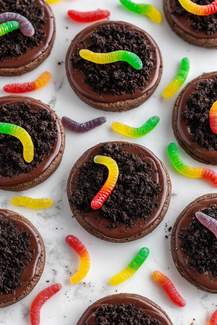 Dirt and Worm Cake Mix Cookies, fun kid-friendly cookies, chocolate ganache cookies, no-bake worm cookies, easy party dessert - A stack of round chocolate cookies forms the base layer, each cookie with a dark brown color and a slightly rough texture. On top of each cookie is a smooth layer of shiny dark chocolate spread, covering the surface evenly. Over the chocolate layer, there is a generous sprinkling of finely crushed Oreo cookie crumbs that look like dark dirt. Each cookie is decorated with a colorful gummy worm placed on top, showing bright colors like green, blue, yellow, orange, and red, curved along the cookie's circle. The cookies are arranged closely together, filling the frame with a background of white marbled texture barely visible. Photo taken with an iphone --ar 2:3 --v 7