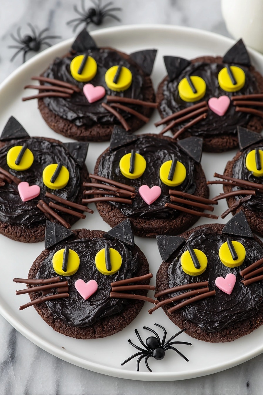 Black Cat Cookies, Halloween cookies, festive cookie recipe, cute cat cookies, easy Halloween treats - The image shows six round chocolate cookies arranged on a large white plate, each decorated to look like a black cat face. Every cookie has a thick dark chocolate frosting layer as the base. Two bright yellow candy eyes with black vertical slits sit near the top center of each cookie. Below the eyes, there is a small pink heart-shaped candy for the nose. Thin, brown licorice strips are placed on both sides of the nose to form whiskers. Two small, triangular pieces of chocolate are placed at the top edge of each cookie to create cat ears. The plate sits on a white marbled surface with two small black plastic spiders nearby for decoration. photo taken with an iphone --ar 2:3 --v 7