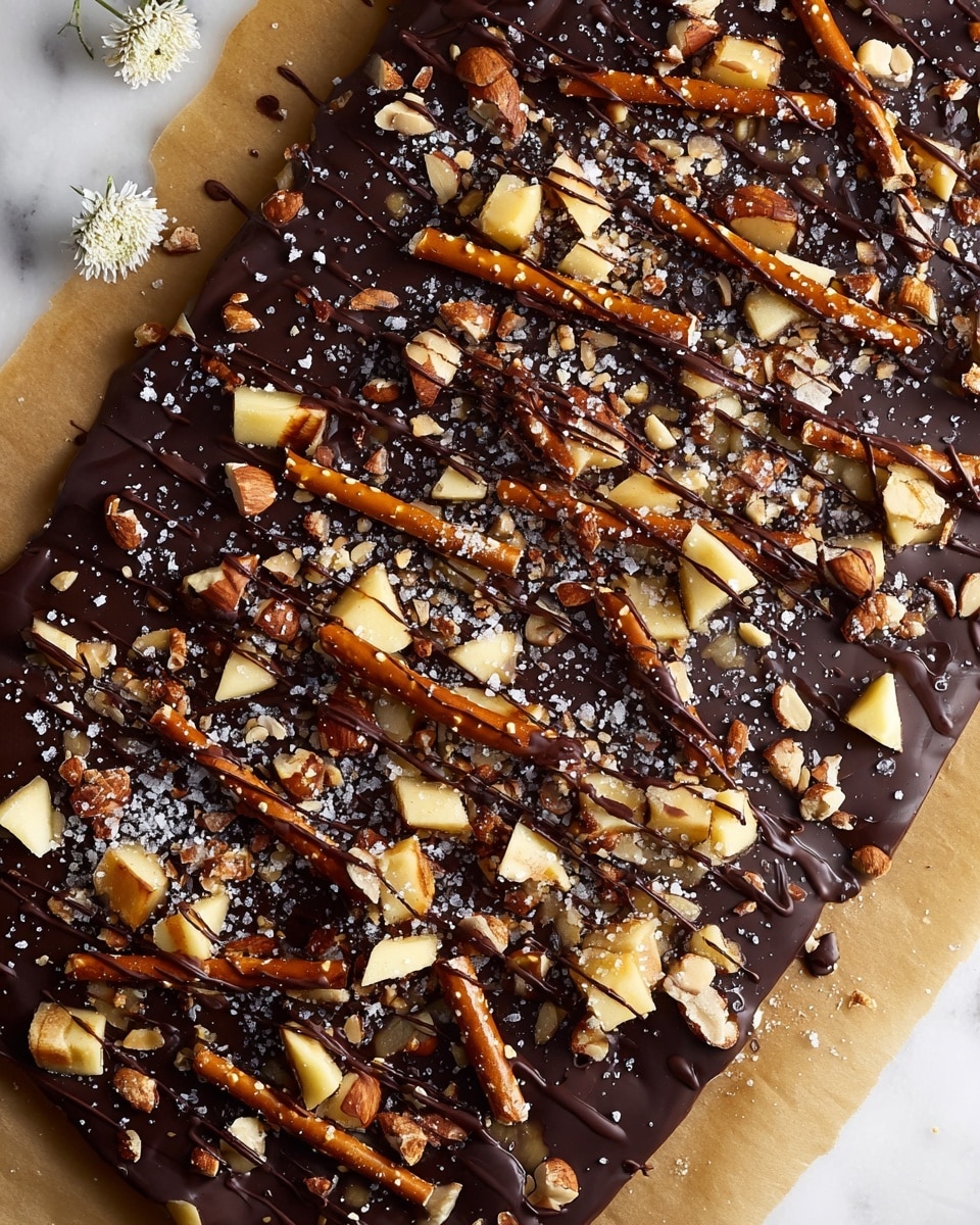 Caramel Apple Pretzel Bark, caramel apple pretzel bark recipe, sweet salty dessert, easy caramel apple treat, festive fall dessert - The image shows a close-up of a dessert with three main layers. The bottom layer is made of pretzels with a warm brown color and a crunchy texture, spread evenly. On top of the pretzels, there are many broken pieces of light beige toffee or brittle, adding a rough and chunky texture. The top layer is a thick, glossy dark chocolate drizzle covering the brittle and pretzels, with some scattered coarse sea salt crystals and small peanut pieces adding extra texture and color contrast. The overall look is shiny and rich, with different shades of brown, beige, and dark chocolate, all resting on a white marbled surface. photo taken with an iphone --ar 2:3 --v 7