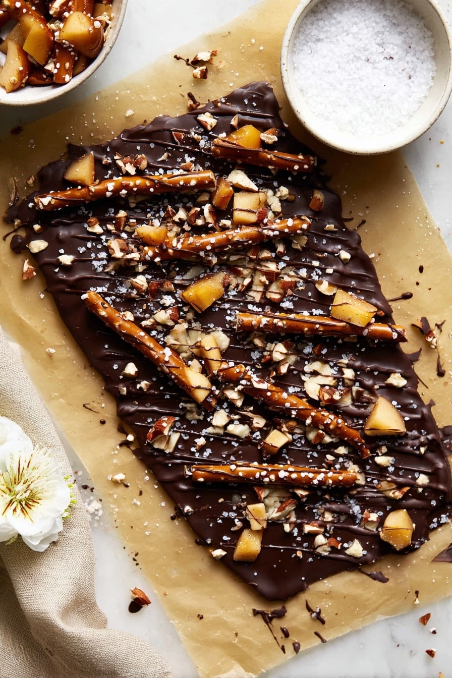 Caramel Apple Pretzel Bark, caramel apple pretzel bark recipe, sweet salty dessert, easy caramel apple treat, festive fall dessert - The image shows thick dark chocolate bark with two main layers: a smooth, glossy dark brown chocolate base, and a thick topping layer of broken pretzel sticks, small light tan nut pieces, light tan apple chunks, and a drizzle of darker chocolate sauce across the top. The bark pieces rest on light brown parchment paper over a white marbled surface. To the side, there is a small white bowl filled with coarse sea salt. Small white flowers are placed decoratively around the edges. photo taken with an iphone --ar 2:3 --v 7