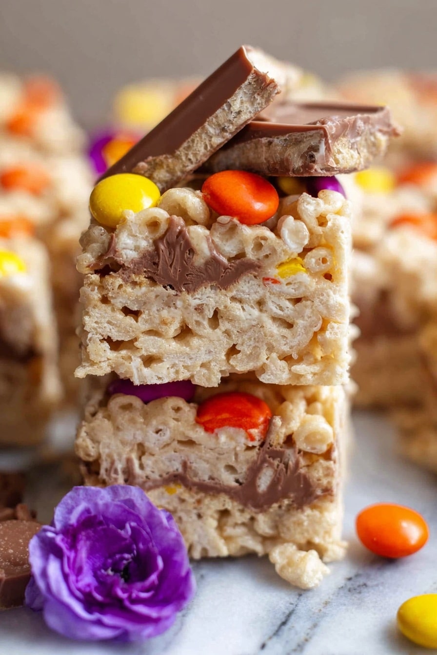Chocolate Peanut Butter Rice Krispie Treats, peanut butter and chocolate dessert, homemade Rice Krispie treats, easy no-bake treats, kid-friendly snack - Two rice cereal treats stacked on top of each other on a white marbled surface. Each treat has a light tan color with a crispy texture. The top treat shows a middle layer of melted chocolate surrounded by the rice cereal. Bright candy-coated chocolates in orange and yellow colors are scattered on top. There is also a piece of chocolate candy bar on the top treat. A purple edible flower petal is near the base of the stack. The background shows more of the same treats out of focus. photo taken with an iphone --ar 2:3 --v 7